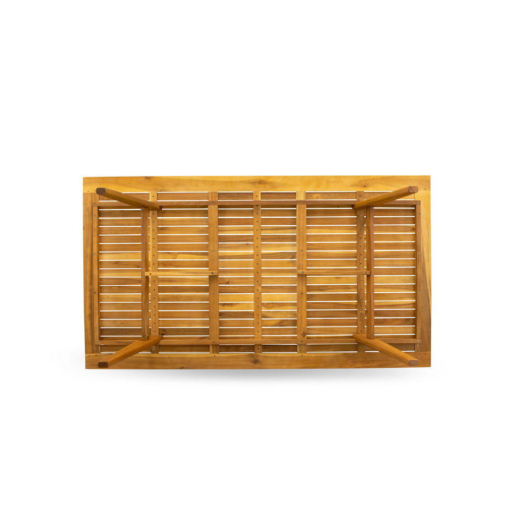 Juego de comedor para patio de 7 piezas East West Furniture DEFM7CWNA compuesto por una mesa rectangular de madera de acacia para exteriores y 6 sillas laterales plegables.