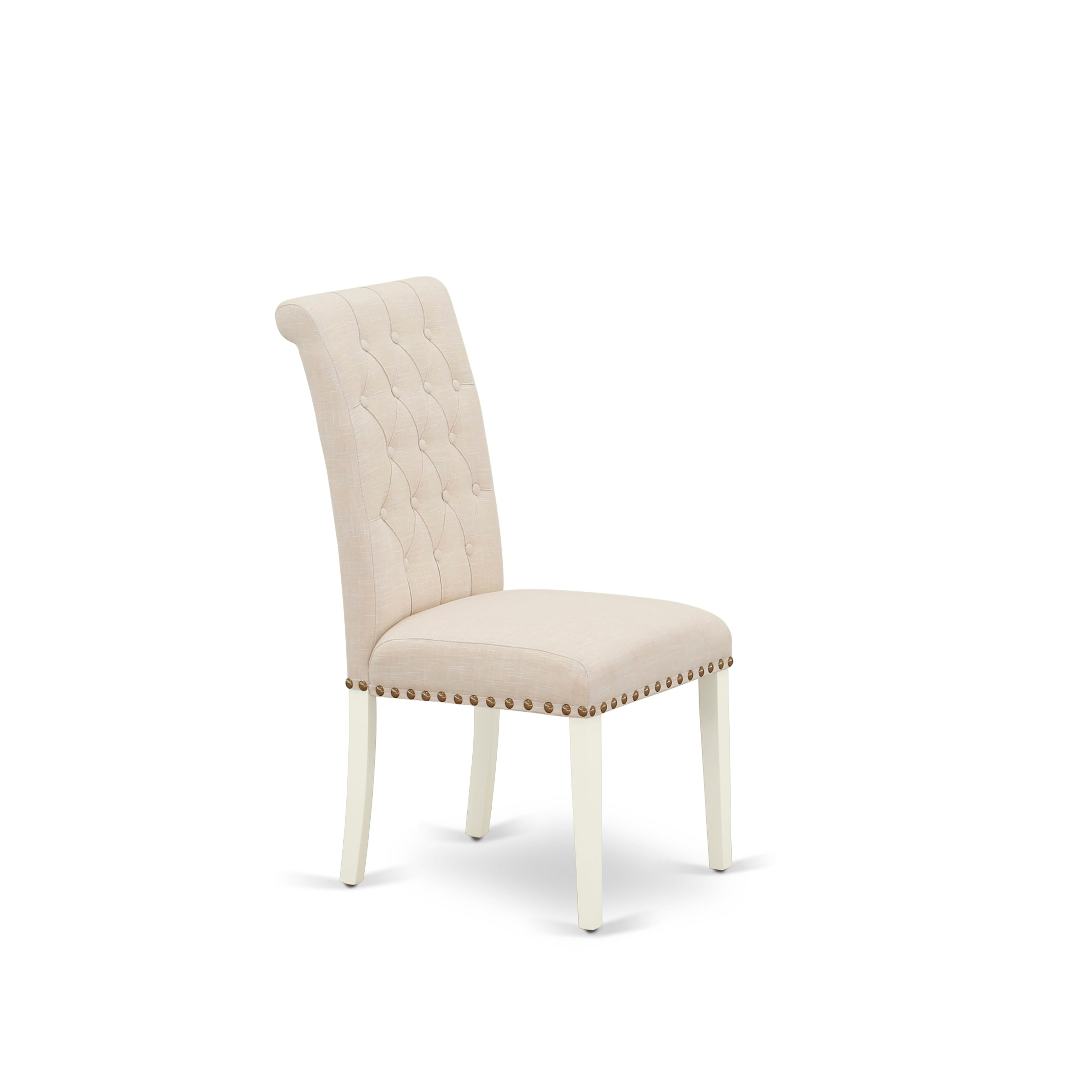 Juego de mesa de comedor de 7 piezas East West Furniture X026BR202-7 compuesto por una mesa de comedor rectangular con patas en forma de X y 6 sillas tapizadas en tela de lino beige claro.