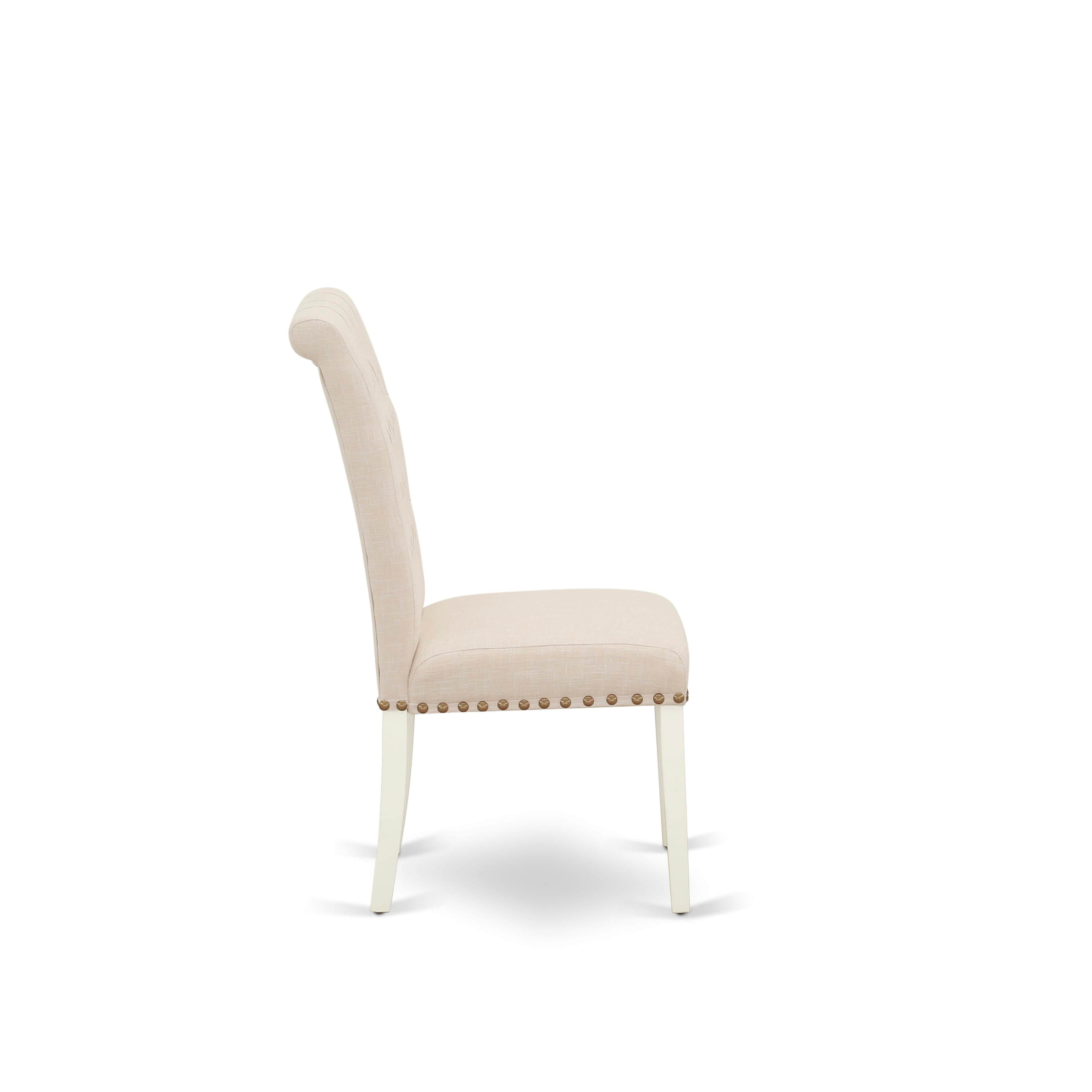 East West Furniture V027BR202-7 7-Piece Modern Dining Table Set an Excellent linen white Small Dining Table top and 6 beautiful dining room chairs with Nail Heads and Button Tufted, linen white Finish