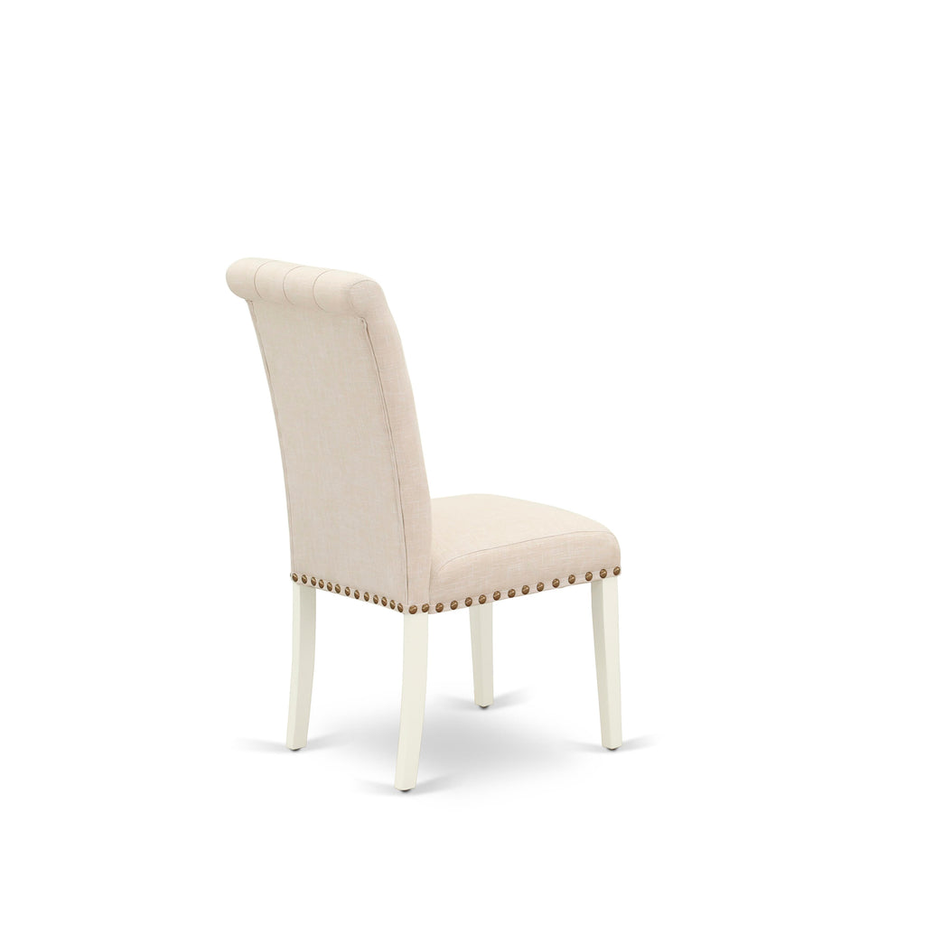 Juego de comedor East West Furniture V027BR202-9 de 9 piezas. Incluye una mesa de comedor rectangular con patas en V y 8 sillas Parson tapizadas en tela de lino beige claro.