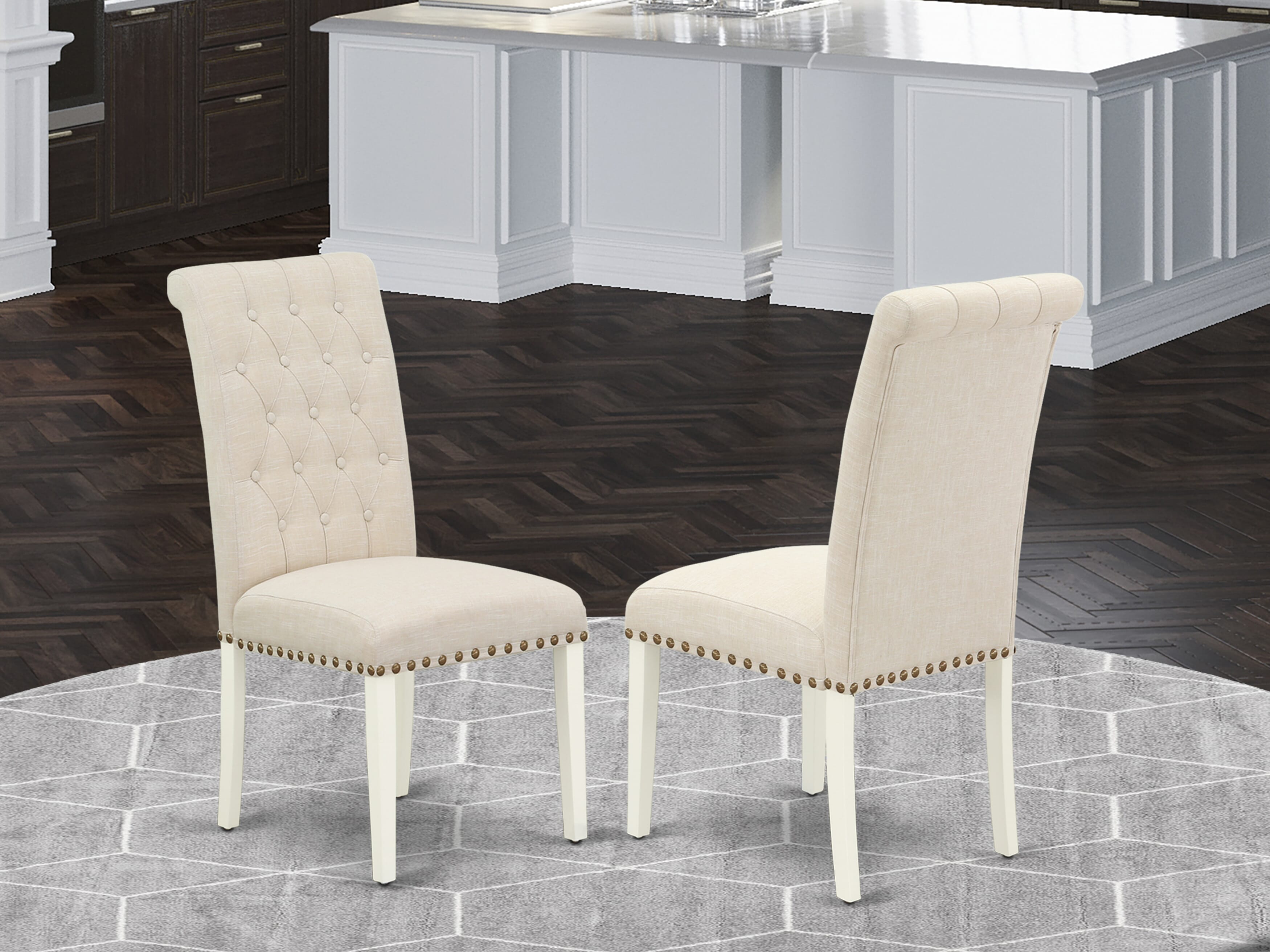 East West Furniture V076BR202-6 6-Piece Dining Table Set with Dining Table and Wood Bench - 4 Linen Fabric Parson dining room chairs (linen white Finish)