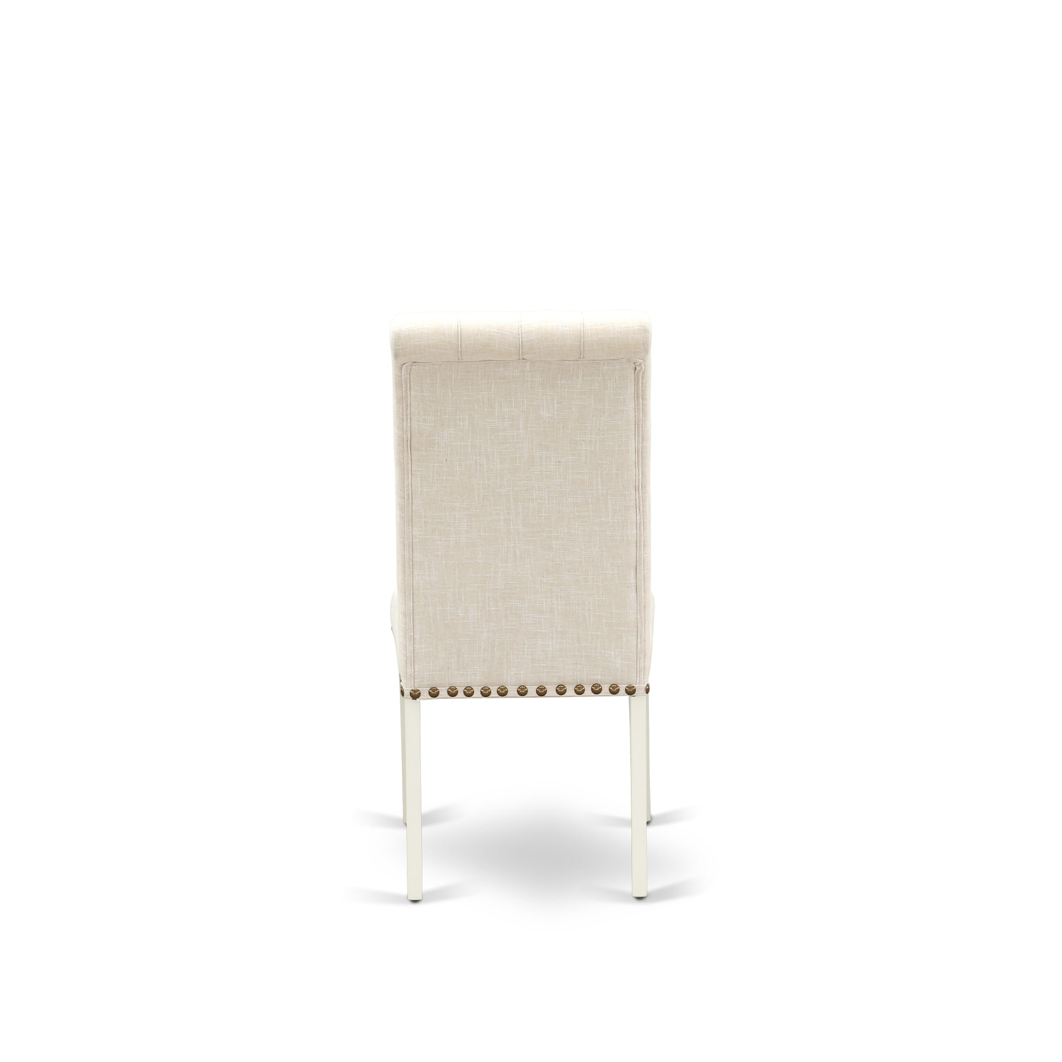 Juego de mesa de comedor de 7 piezas East West Furniture X026BR202-7 compuesto por una mesa de comedor rectangular con patas en forma de X y 6 sillas tapizadas en tela de lino beige claro.