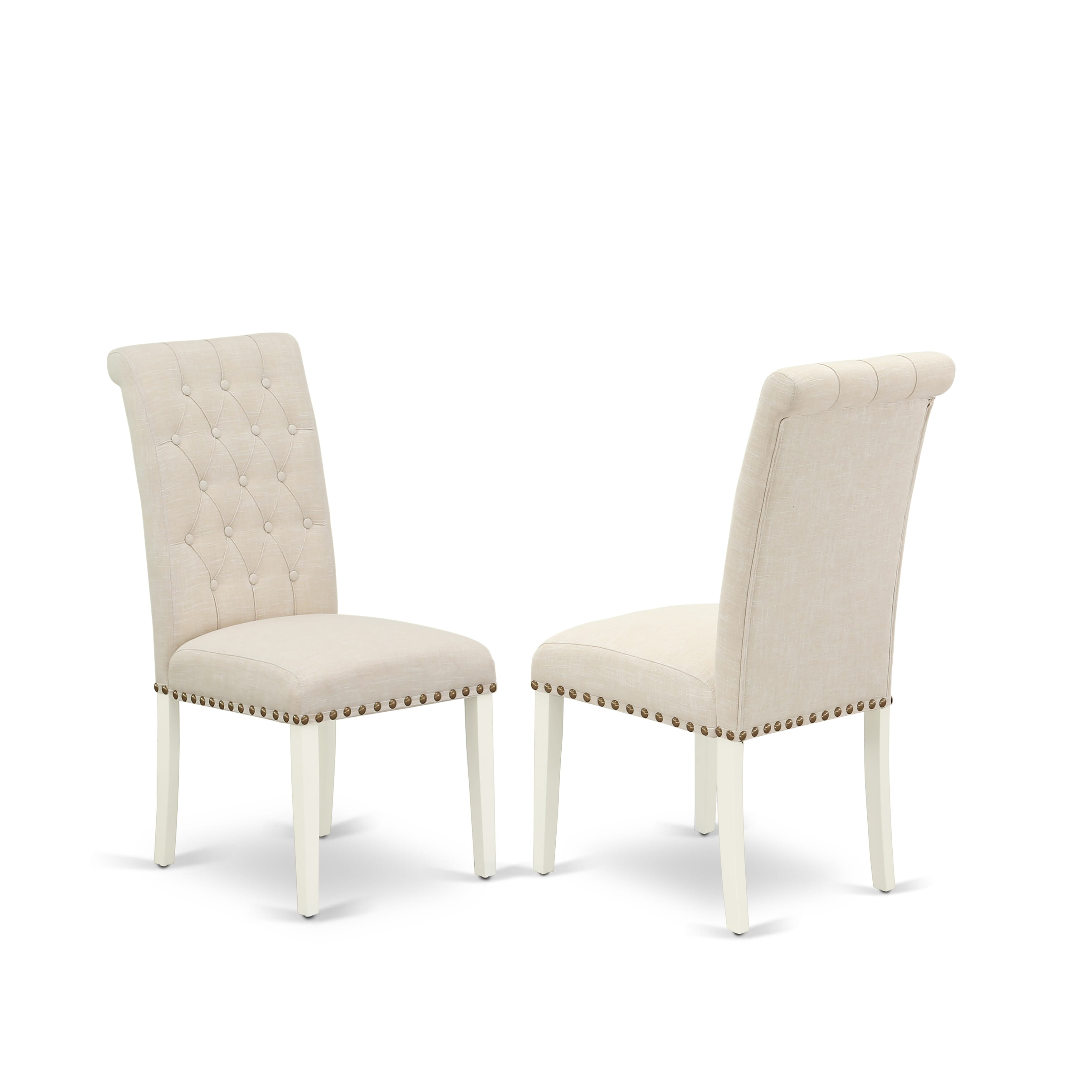 Juego de comedor de 9 piezas East West Furniture X027BR202-9. Incluye una mesa de comedor rectangular con patas en forma de X y 8 sillas tapizadas en tela de lino beige claro.