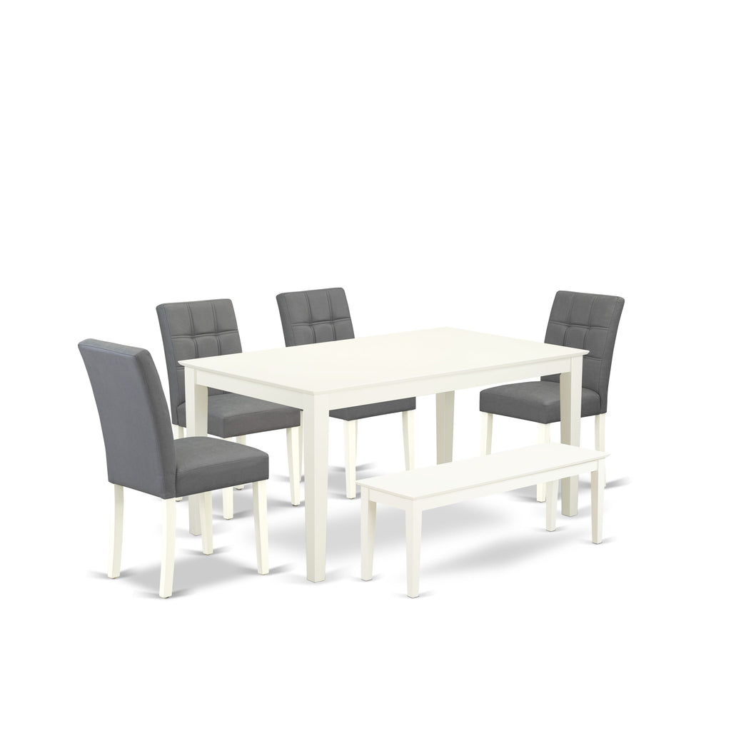 East West Furniture CAAS6-LWH-41 6 Piece Dining Table Set  contain A Modern Table a Wooden Bench and 4 Platinum Gray Faux Leather Dinner Chairs with Stylish Back- Linen White Finish