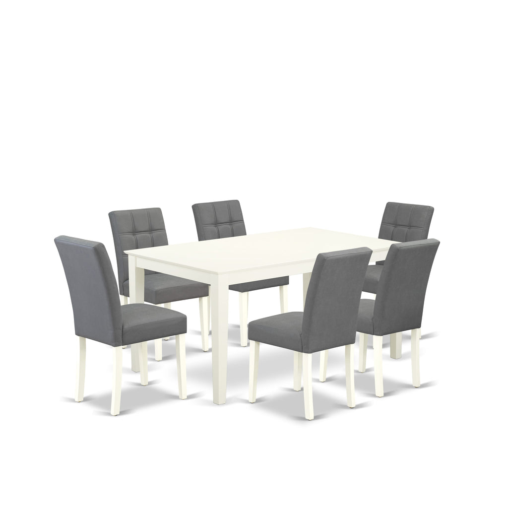 East West Furniture CAAS7-LWH-41 7 Piece Dinner Table Set  Includes A Wood Table and 6 Platinum Gray Faux Leather Mid-Century Chairs with Stylish Back- Linen White Finish