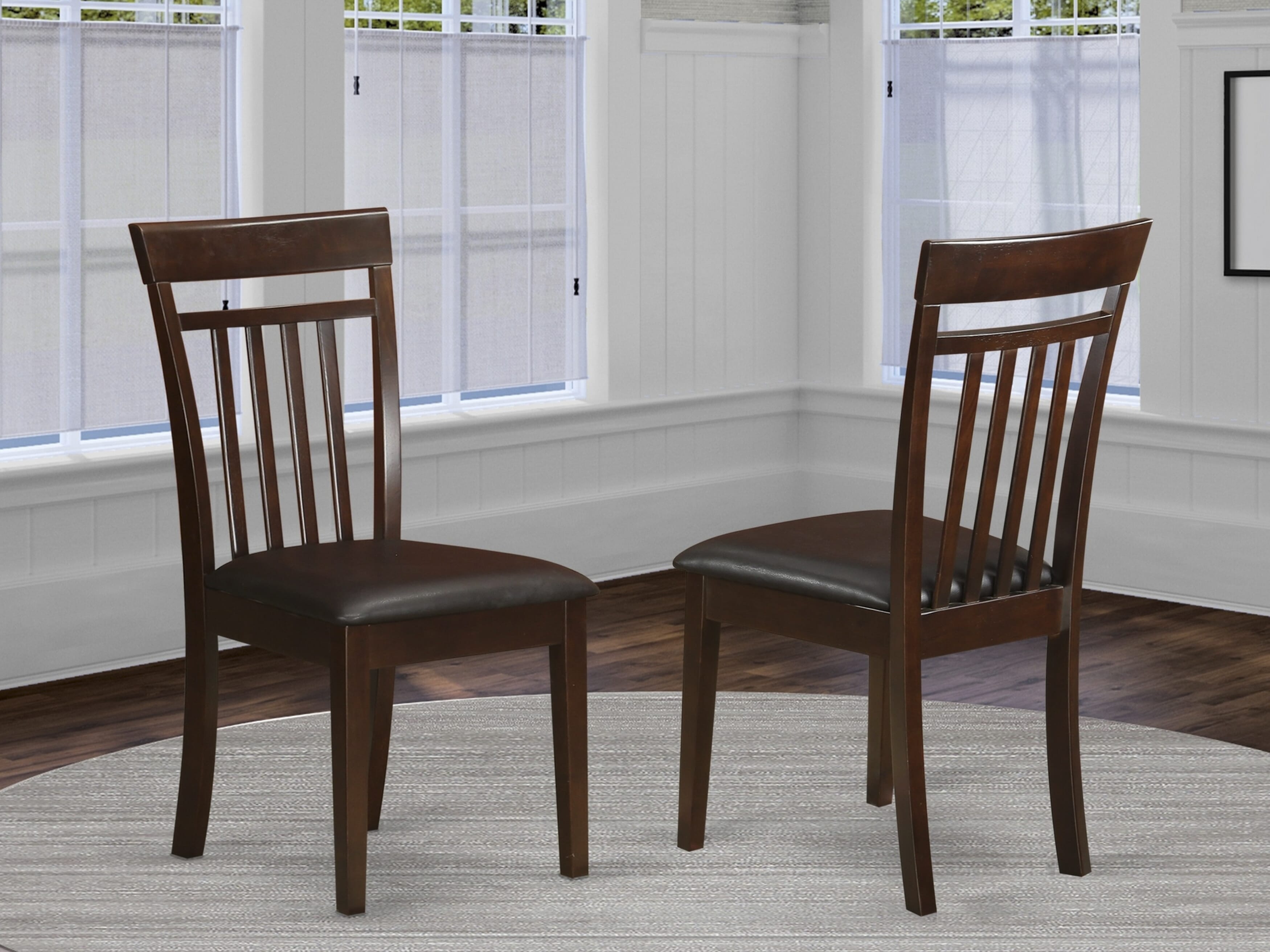 Luxe by East West Furniture 42CA3-307-LC 3-piece modern dining set Consists a pedestal kitchen table and 2 Slatted Back Faux Leather chairs, Mahogany finish.