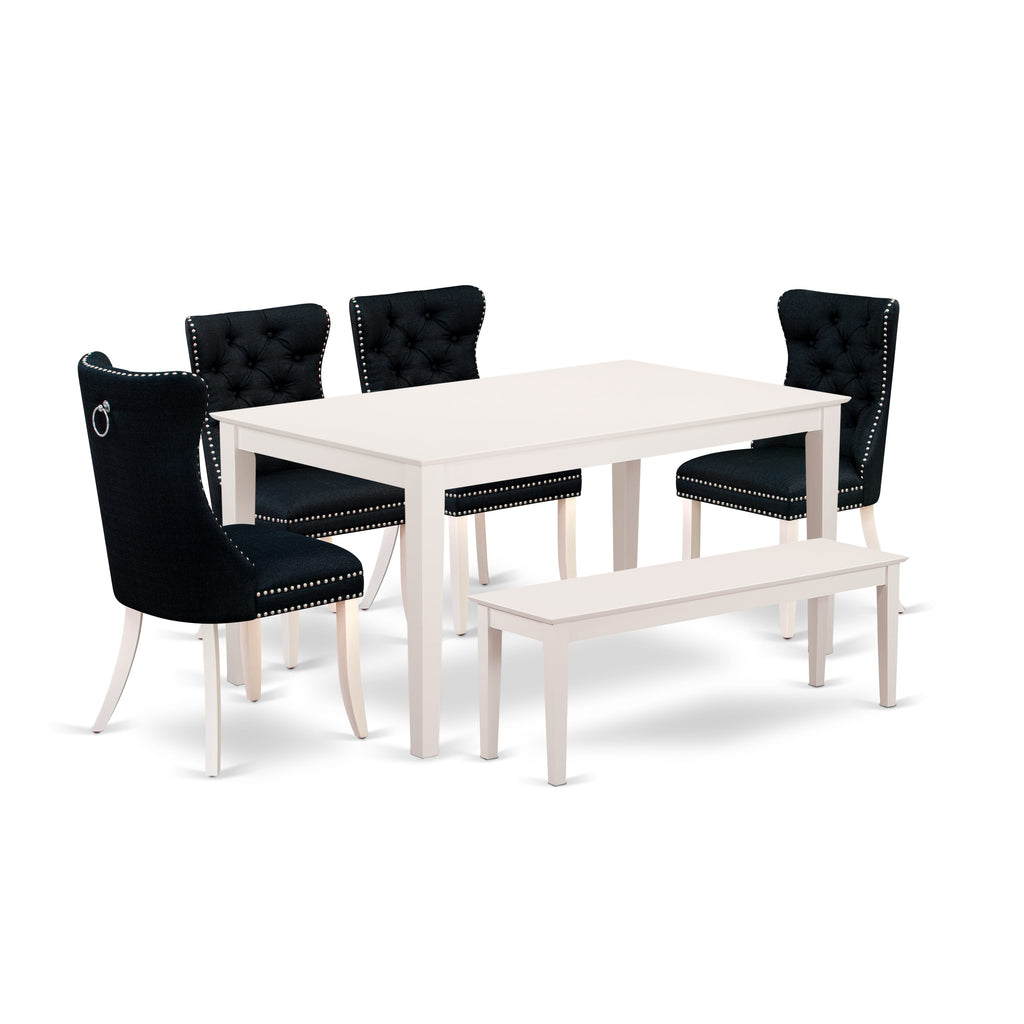 East West Furniture CADA6-LWH-24 6 Piece Kitchen Table Set Consists of a Rectangle Dining Room Table and 4 Padded Chairs with a Bench, 36x60 Inch, linen white