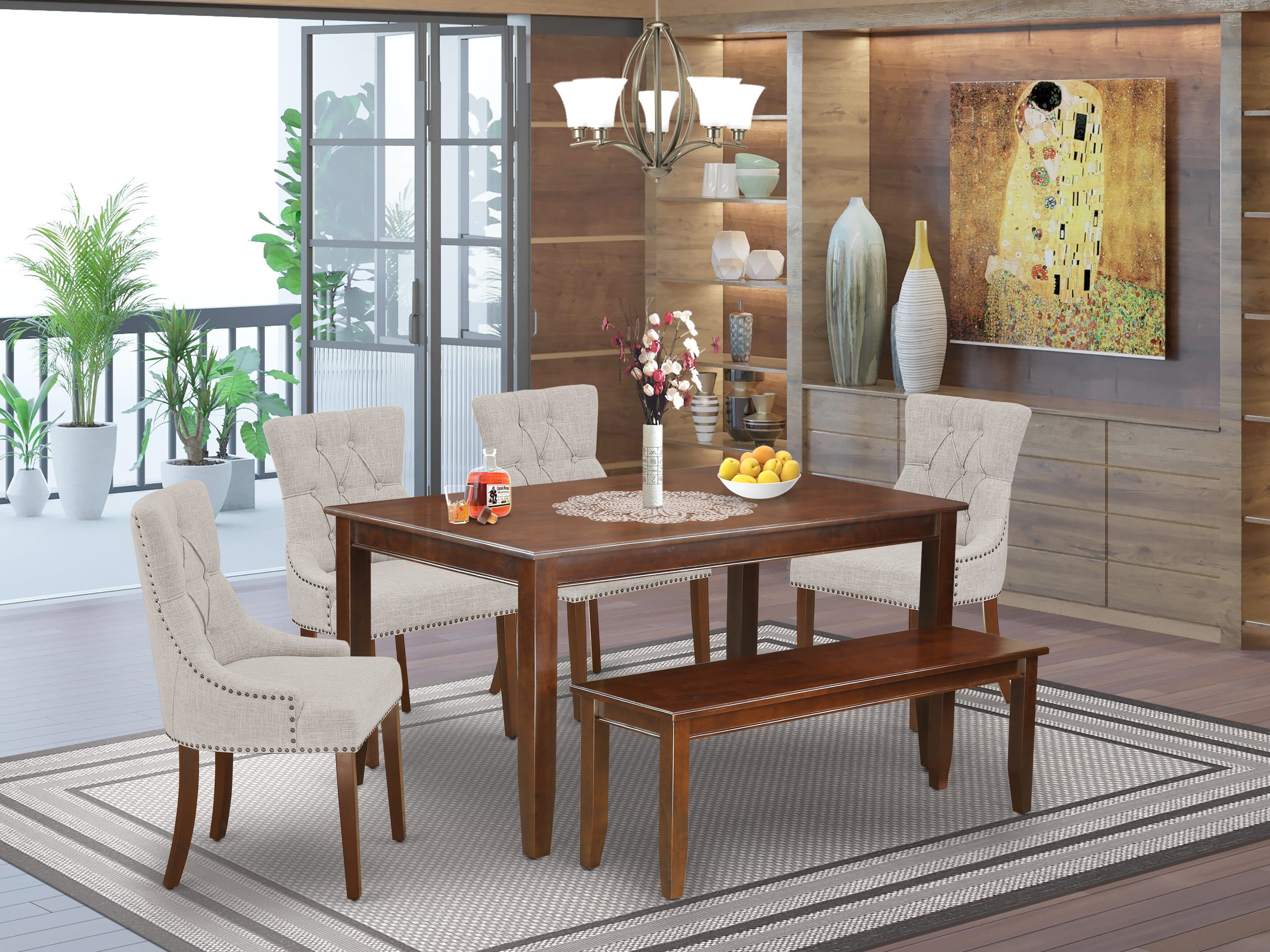 CAFR6-MAH-05 6Pc Dining Set Includes a Rectangle Dinette Table, Four Parson Chairs with Doeskin Fabric and a Bench, Mahogany Finish