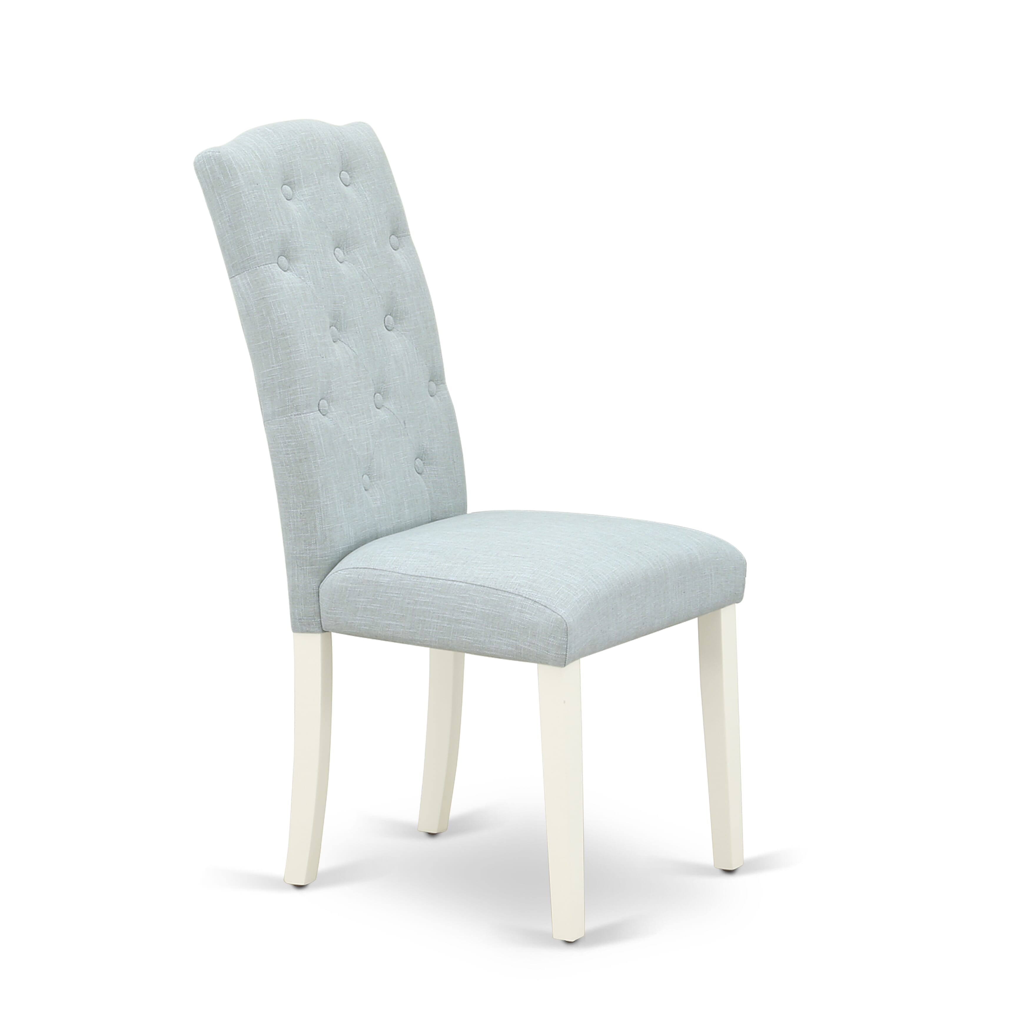 East West Furniture V027CE215-7 7-Piece Kitchen Dining Set- 6 Parson Dining Chairs with Baby Blue Linen Fabric Seat and Button Tufted Chair Back - Rectangular Table top & Wooden Legs - linen white and linen white Finish