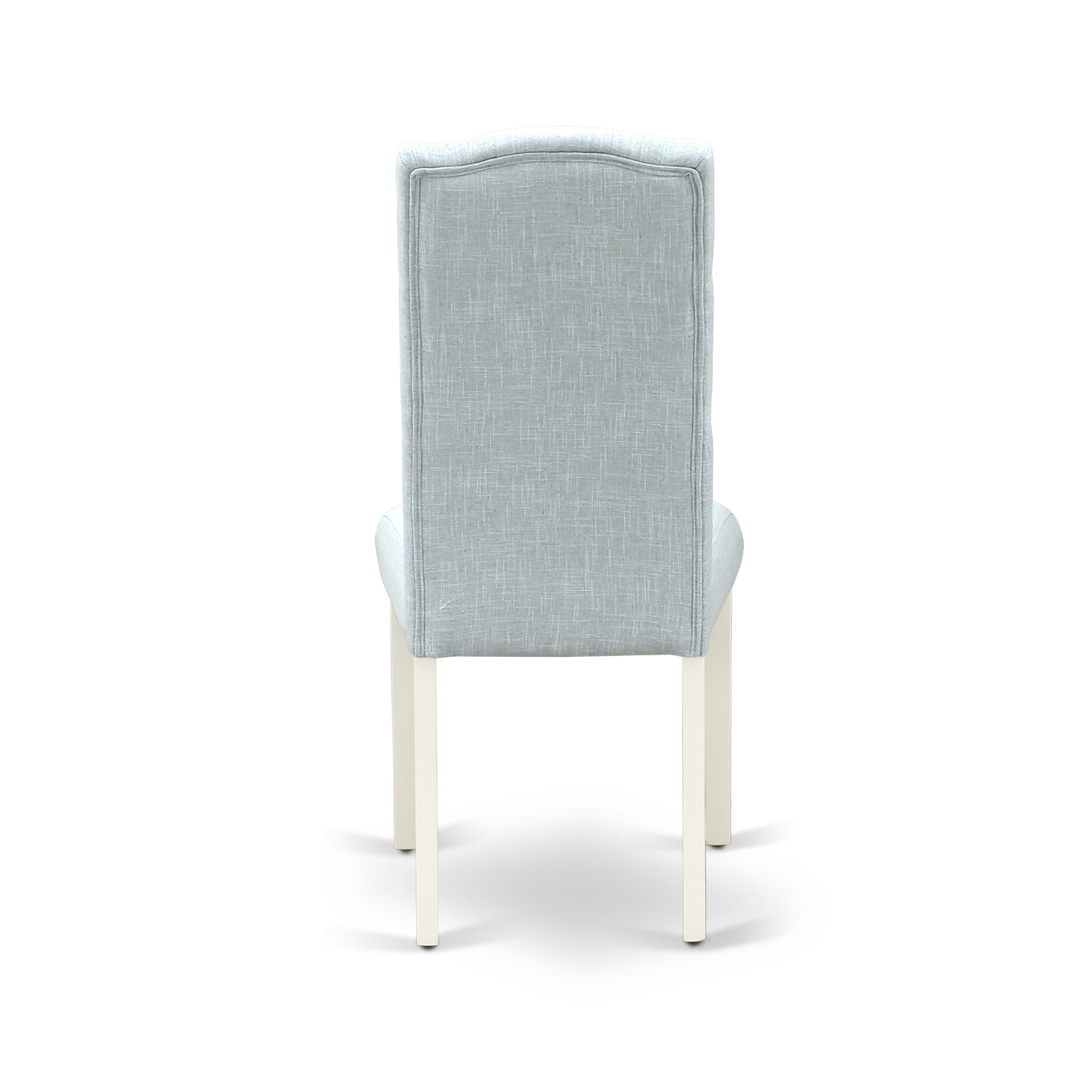 East West Furniture 6-Pc kitchen dining room set- 4 Parson Chairs with Baby Blue Linen Fabric Seat and Button Tufted Chair Back - Rectangular top & Wooden Cross Legs Modern Dining Table and Bench - Distressed Jacobean and linen white Finish