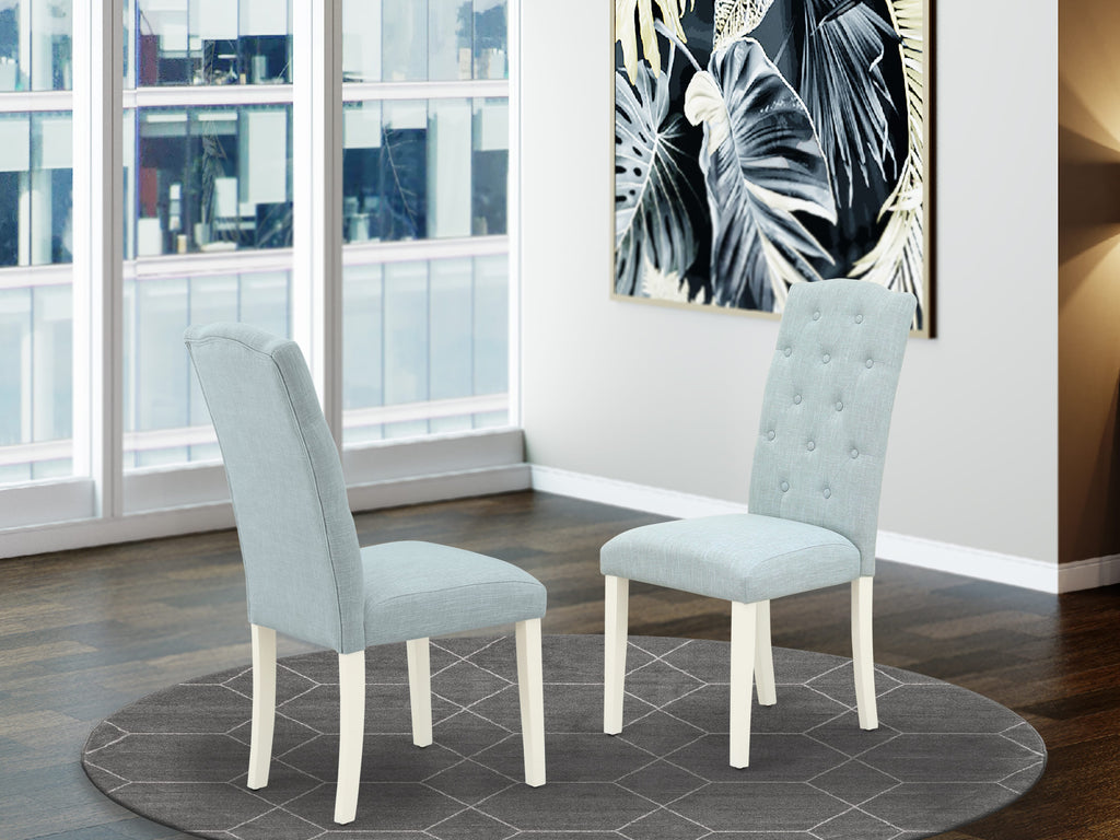 East West Furniture 6-Pc kitchen dining room set- 4 Parson Chairs with Baby Blue Linen Fabric Seat and Button Tufted Chair Back - Rectangular top & Wooden Cross Legs Modern Dining Table and Bench - Distressed Jacobean and linen white Finish