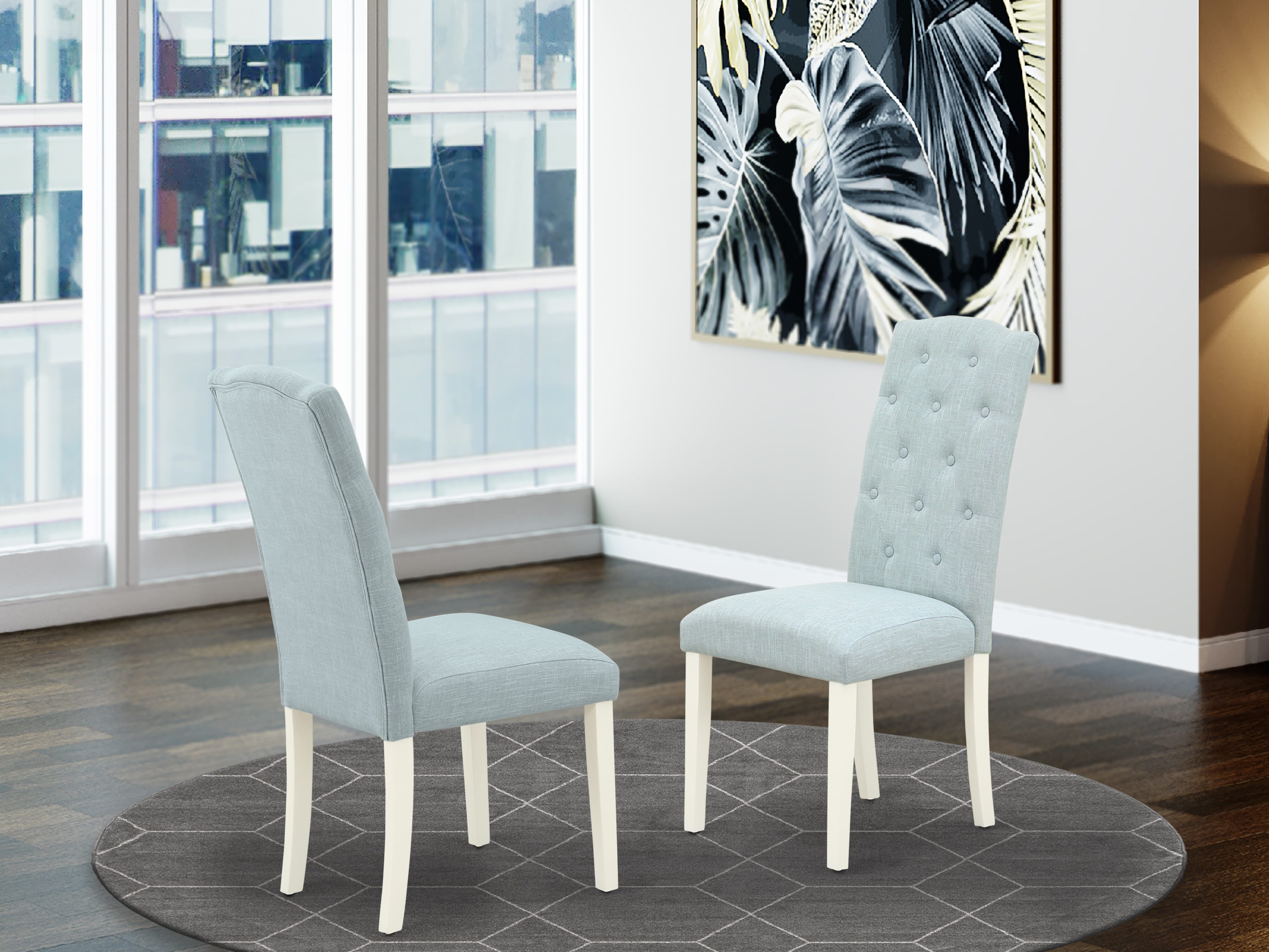 East West Furniture 6-Pc kitchen dining room set- 4 Parson Chairs with Baby Blue Linen Fabric Seat and Button Tufted Chair Back - Rectangular top & Wooden Cross Legs Modern Dining Table and Bench - Distressed Jacobean and linen white Finish