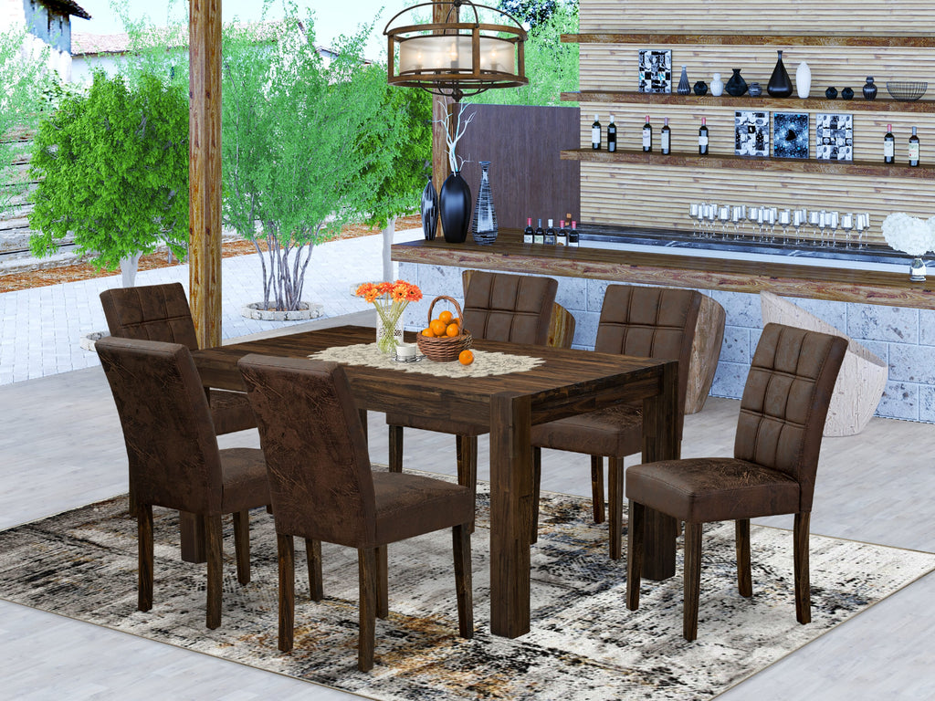 East West Furniture CNAS7-07-T25 7 Piece Dining Table Set contain A Dinning Table and 6 Black Textured
Faux Leather Mid Century Modern Dining Chairs, Distressed Jacobean