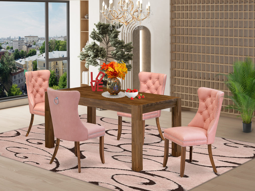 East West Furniture CNDA5-0N-T23 5 Piece Dining Table Set Consists of a Rectangle Rustic Wood Table and 4 Upholstered Parson Chairs, 36x60 Inch, Sandblasting Antique Walnut