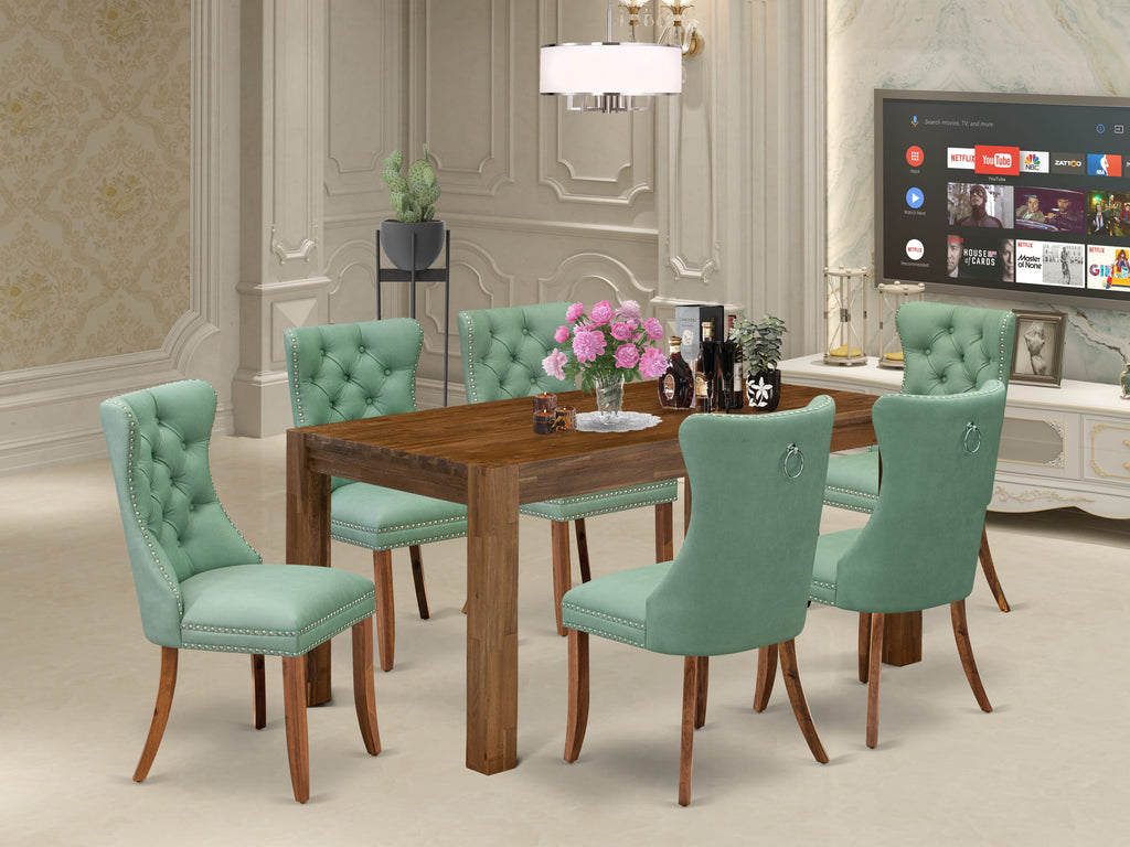 East West Furniture CNDA7-0N-T22 7 Piece Dining Room Set Includes a Rectangle Rustic Wood Table and 6 Upholstered Chairs, 36x60 Inch, Sandblasting Antique Walnut