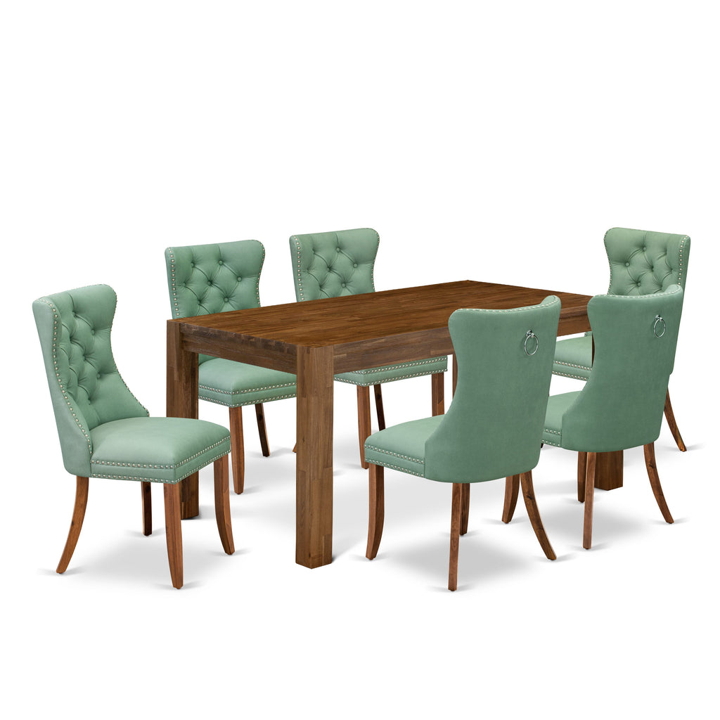 East West Furniture CNDA7-0N-T22 7 Piece Dining Room Set Includes a Rectangle Rustic Wood Table and 6 Upholstered Chairs, 36x60 Inch, Sandblasting Antique Walnut