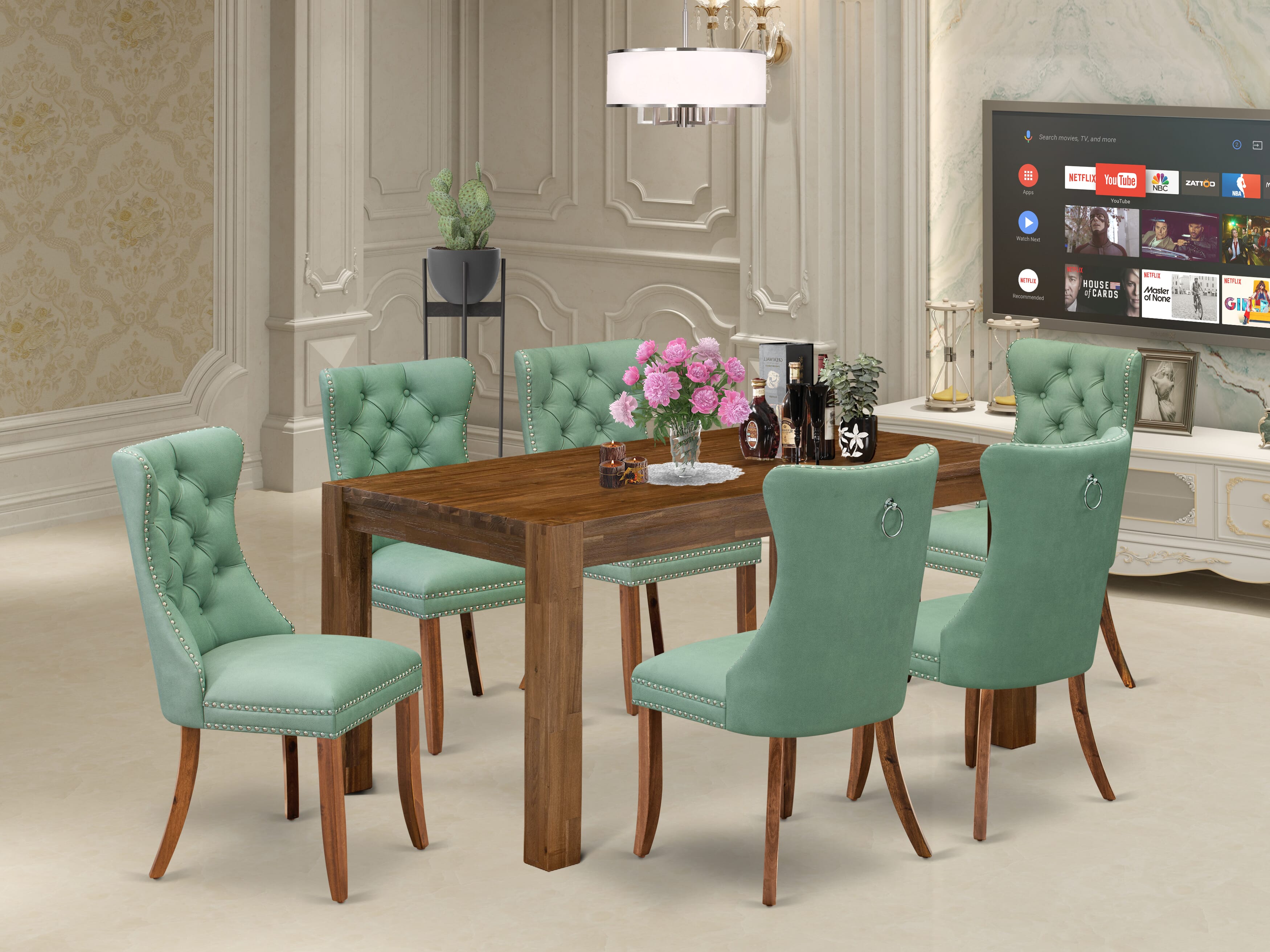 East West Furniture CNDA7-0N-T22 7 Piece Dining Room Set Includes a Rectangle Rustic Wood Table and 6 Upholstered Chairs, 36x60 Inch, Sandblasting Antique Walnut