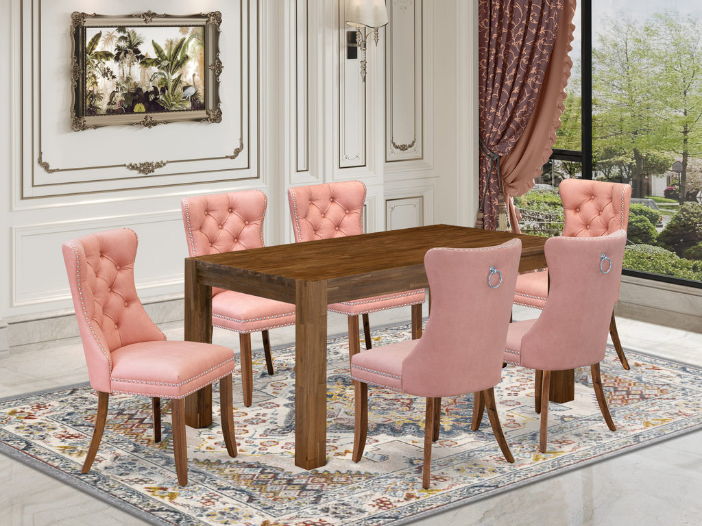 East West Furniture CNDA7-0N-T23 7 Piece Kitchen Table Set Includes a Rectangle Rustic Wood Table and 6 Upholstered Parson Chairs, 36x60 Inch, Sandblasting Antique Walnut