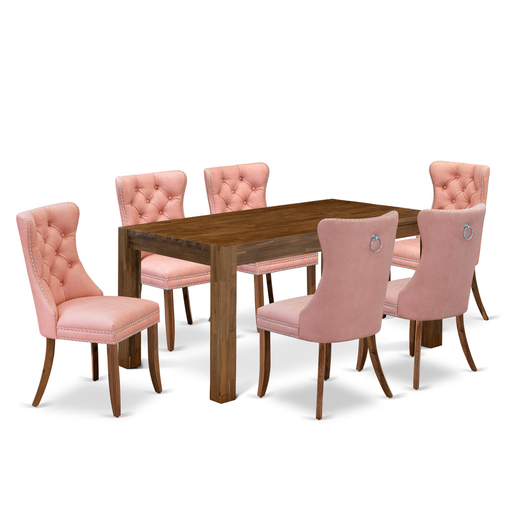East West Furniture CNDA7-0N-T23 7 Piece Kitchen Table Set Includes a Rectangle Rustic Wood Table and 6 Upholstered Parson Chairs, 36x60 Inch, Sandblasting Antique Walnut