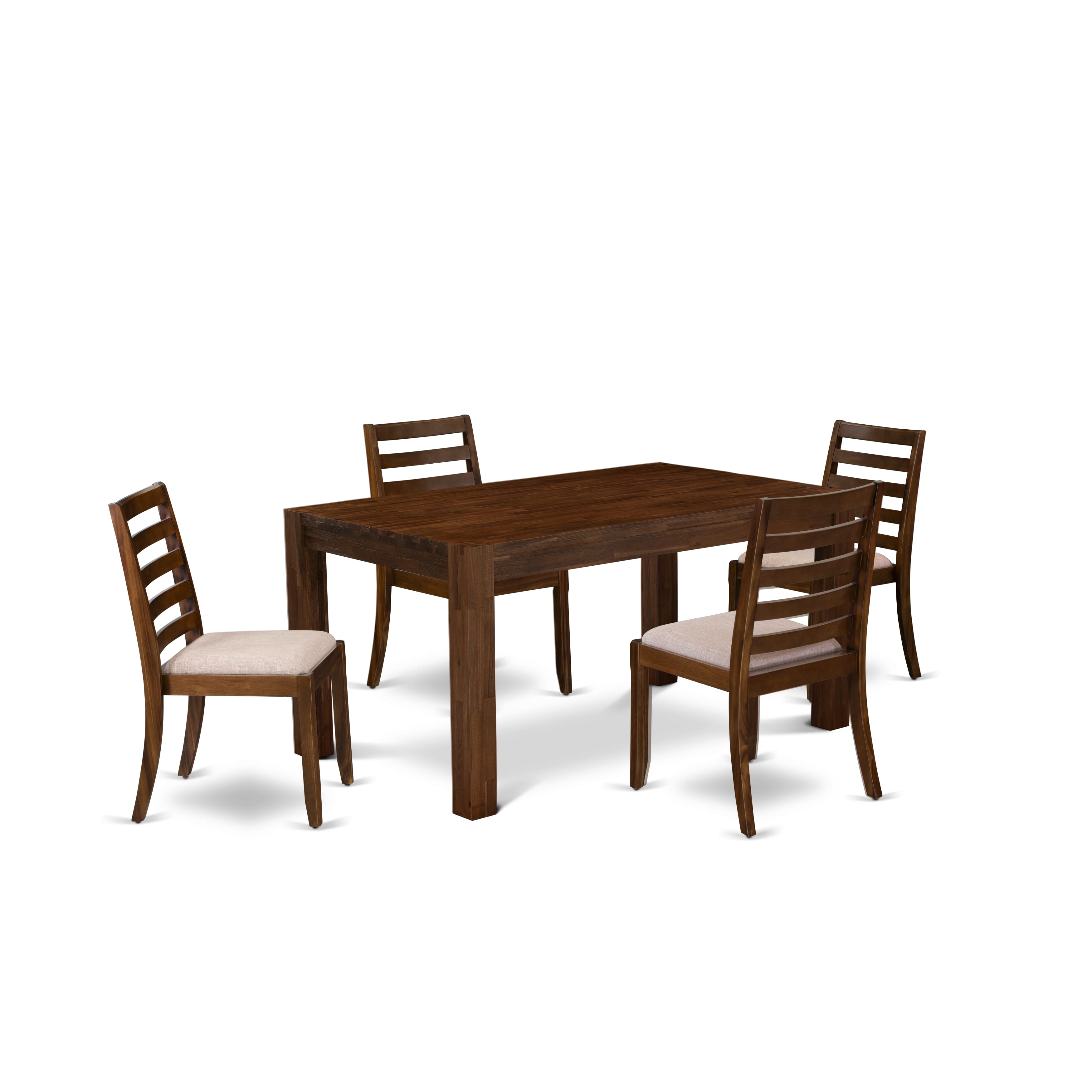 CNX15-0N-04 5-piece Dining Table Set Includes a Rectangular Table and 4 Light Tan Fabric stackable Chair, Antique Walnut Finish.