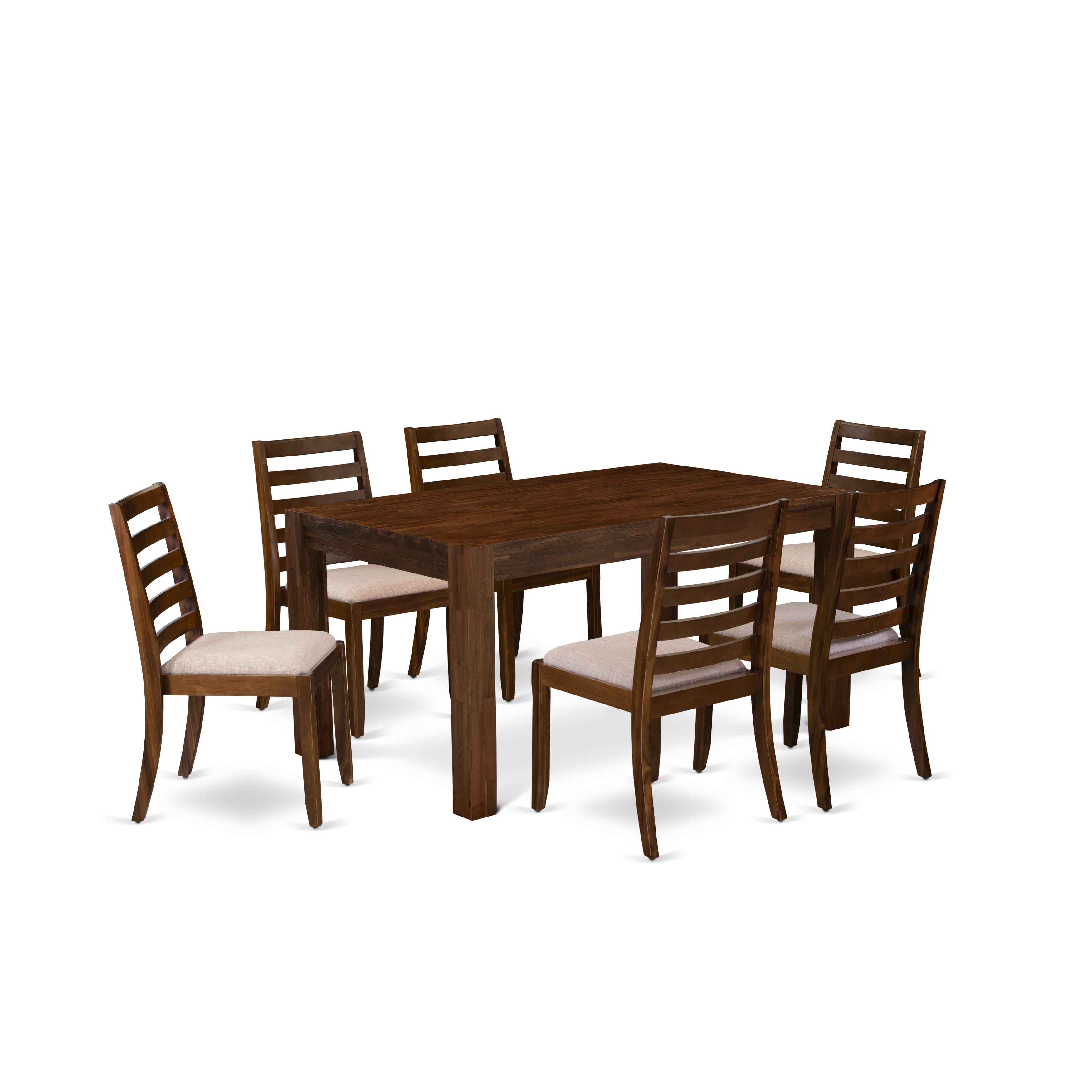 CNX17-0N-04 7-pc Dining Table Set consists of a Rectangular Table and 6 Light Tan Fabric stackable Chair, Antique Walnut Finish.