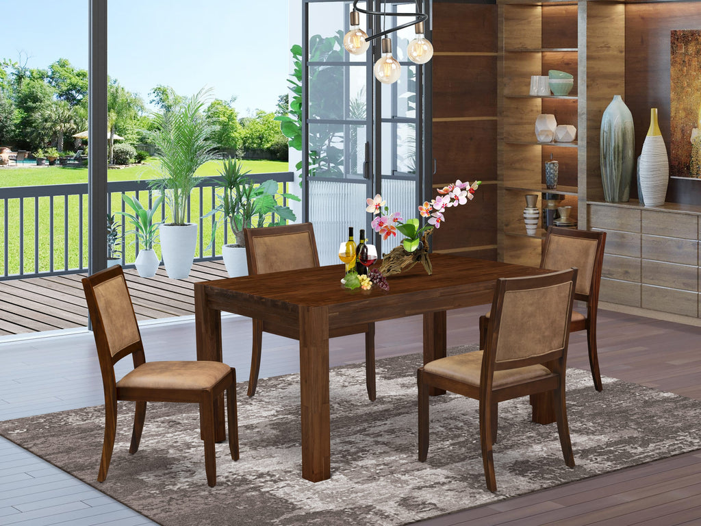 East West Furniture CNX17-0N-04 7-piece Dining Table Set consists of a Rectangular Kitchen Table and 6 Light Tan Linen Fabric stackable Dining Chair