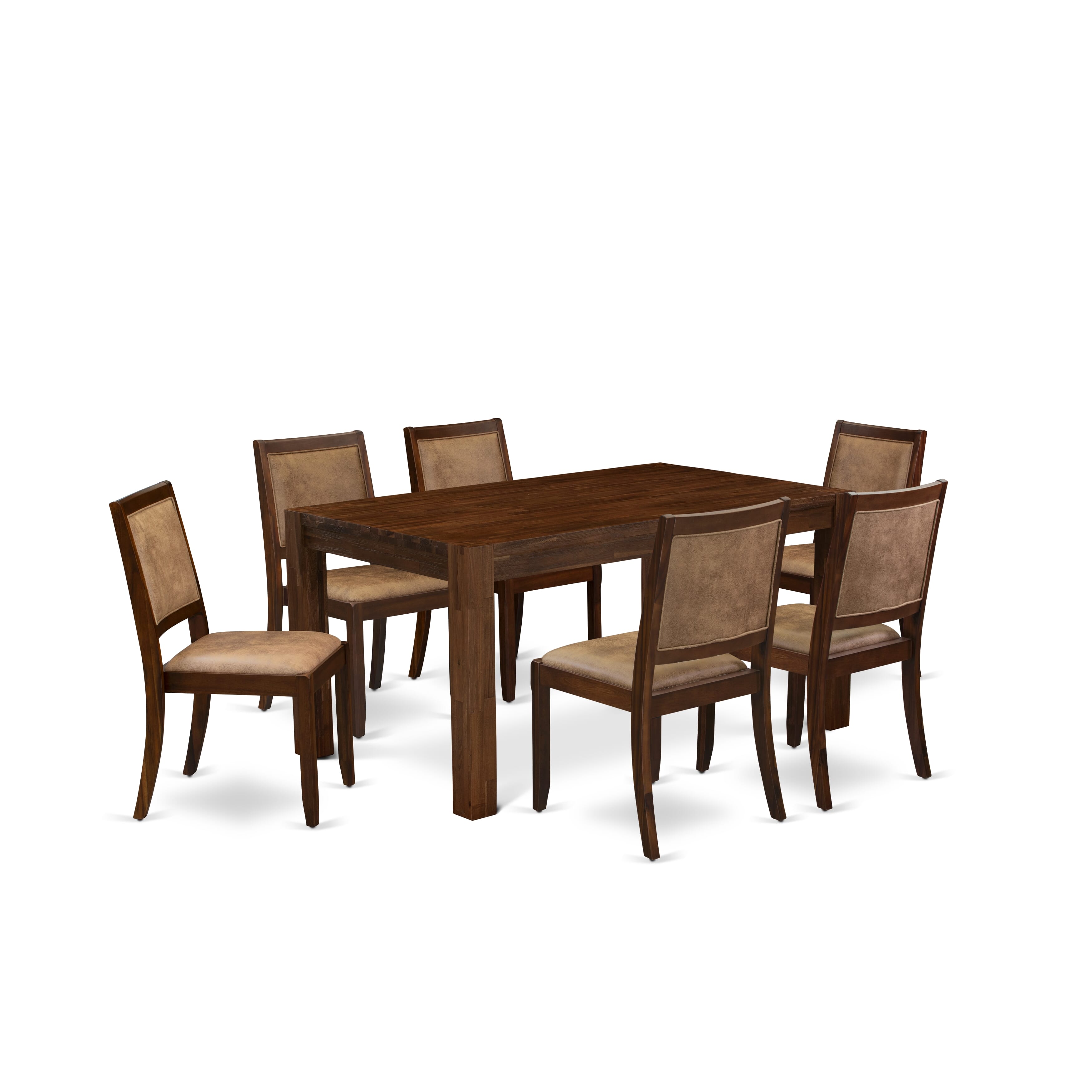 CNX27-0N-28 7-piece kitchen Set consists of Rectangular Table and 6 Brown Texture Leather stackable Chair, Antique Walnut Finish.
