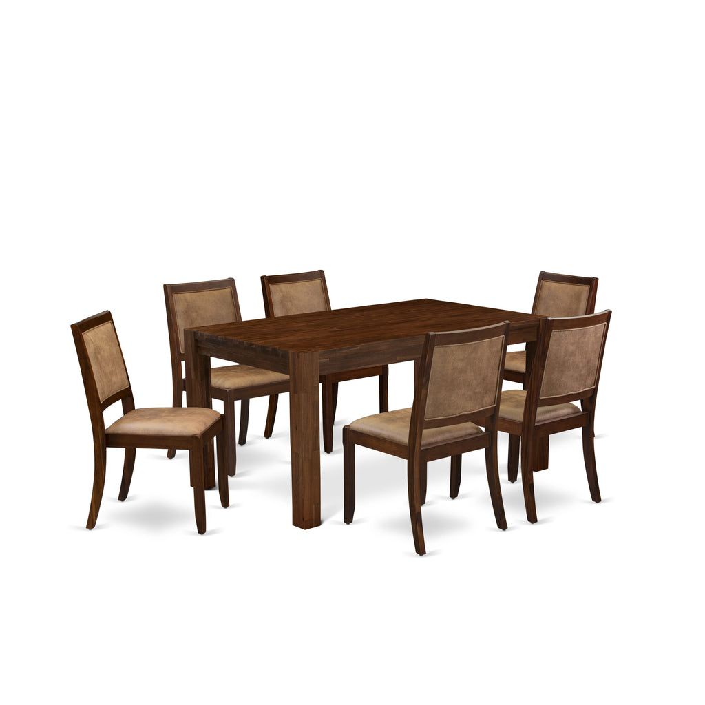 East West Furniture CNX27-0N-28 7-piece kitchen Table Set consists of a Rectangular Kitchen Table and 6 Brown Texture Faux Leather stackable Dining Chair