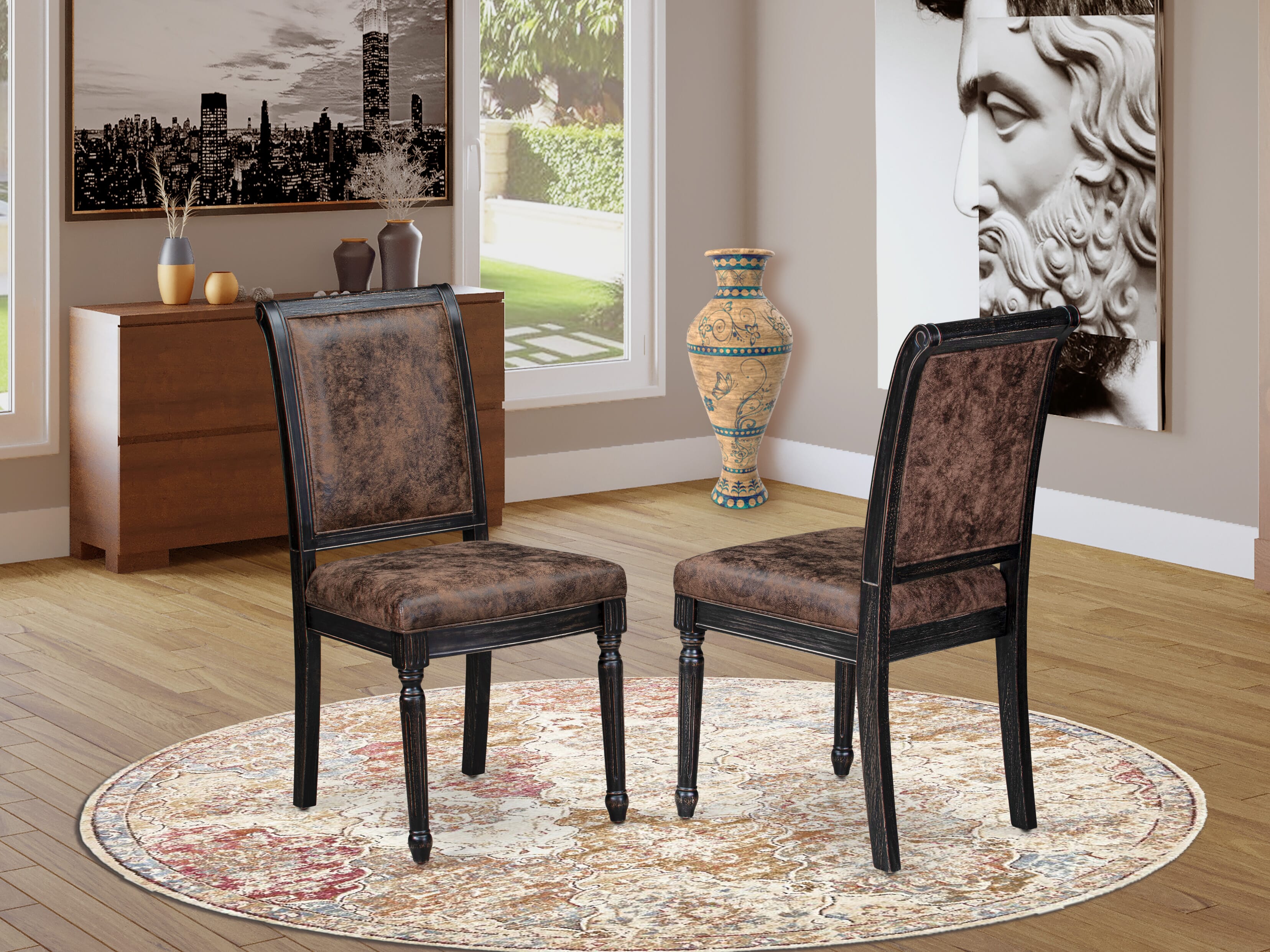Luxe by East West Furniture LKCY5-SBB-33 5-piece Kitchen Table Set includes a Modern Dining Table and 4 Brown Textured PU Leather Dining Room Chairs with High Back - Sand Blasting Black Finish