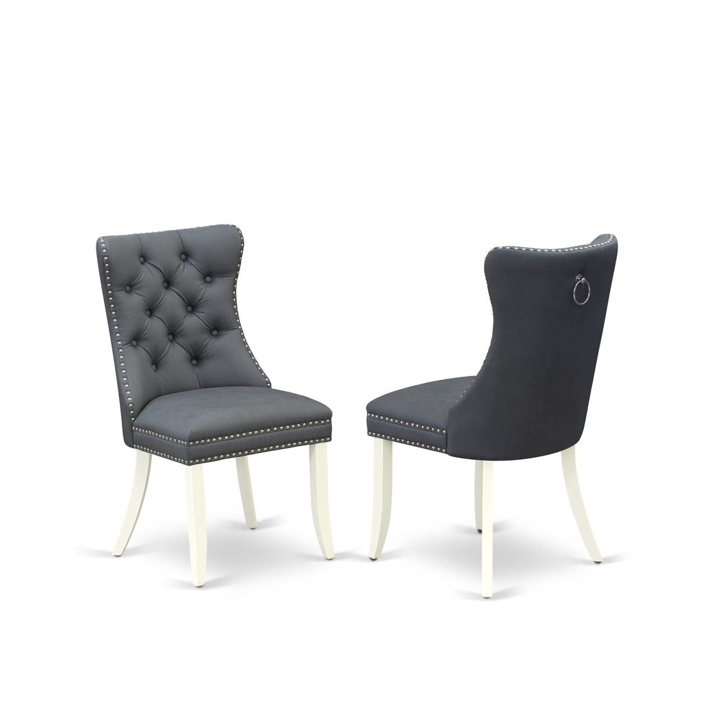 East West Furniture DAP2F13 Dallas Parson Kitchen Chairs - Button Tufted Nailhead Trim Platinum Gray faux Leather Upholstered Dining Chairs, Set of 2, linen white