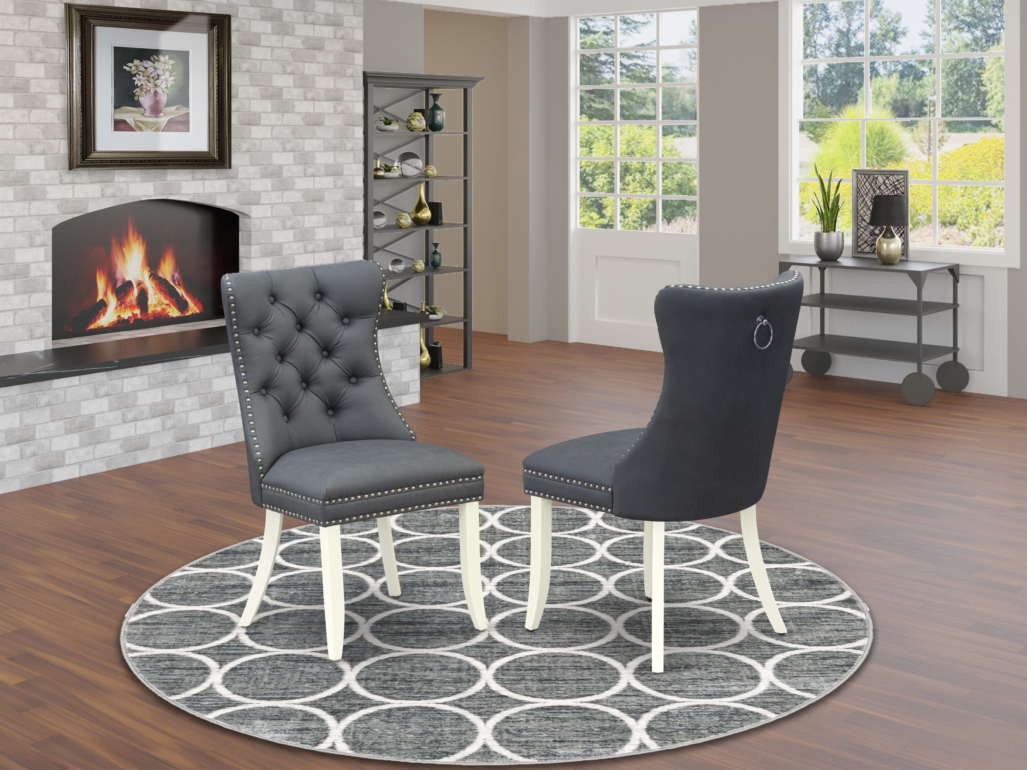 Luxe by East West Furniture 42DA5-208-13 -5 pc Mid-Century Modern Dining Set consists of a Round Table and 4 Platinum Gray Faux Leather Dinner chairs with Button Tufted Back - Linen White