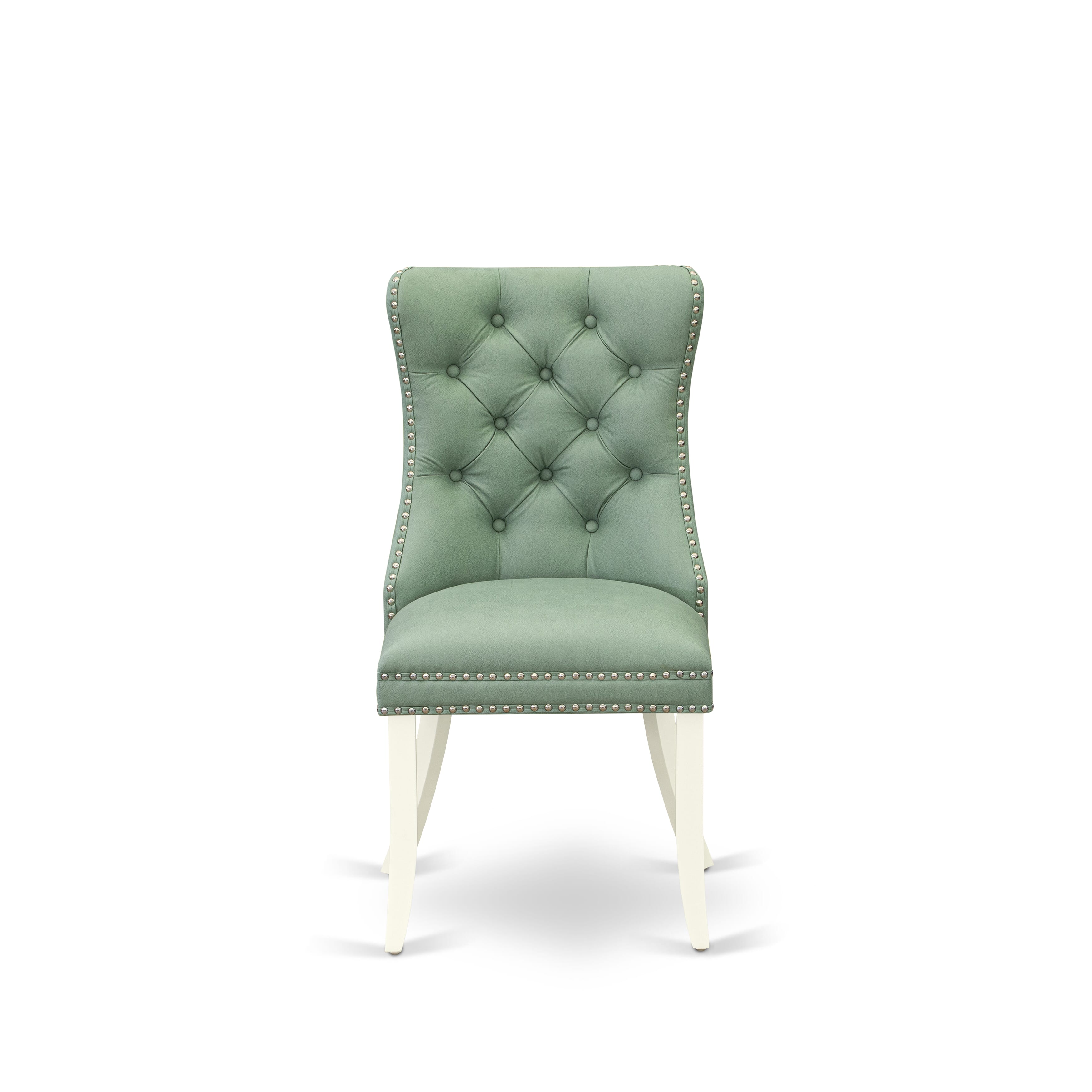 Luxe by East West Furniture 42DA3-208-22 -3 pc Kitchen Dining Table Set contains a Round Table and 2 Willow Green Faux Leather Dining Chairs with Button Tufted Back - Linen White