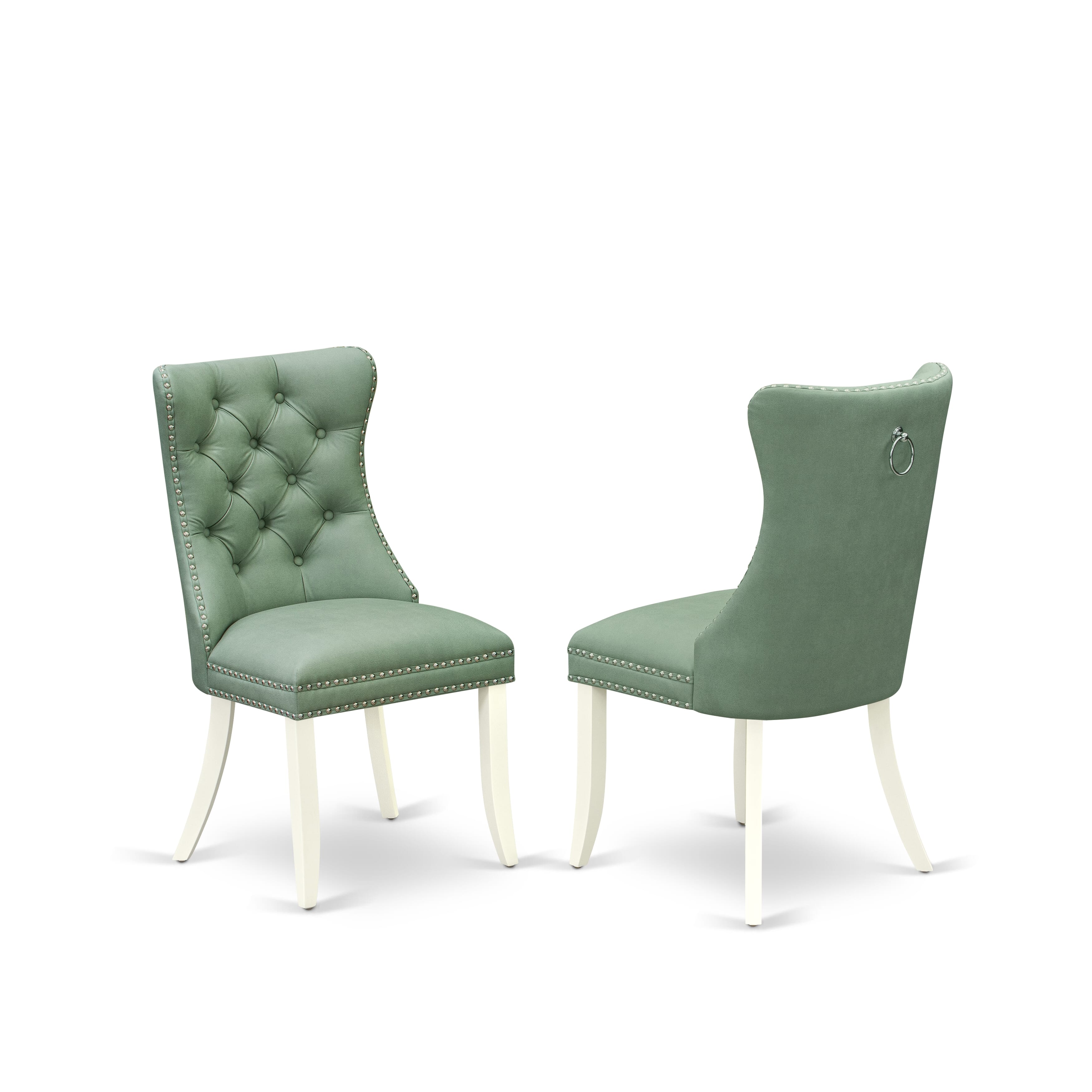 Luxe by East West Furniture 42DA3-208-22 -3 pc Kitchen Dining Table Set contains a Round Table and 2 Willow Green Faux Leather Dining Chairs with Button Tufted Back - Linen White