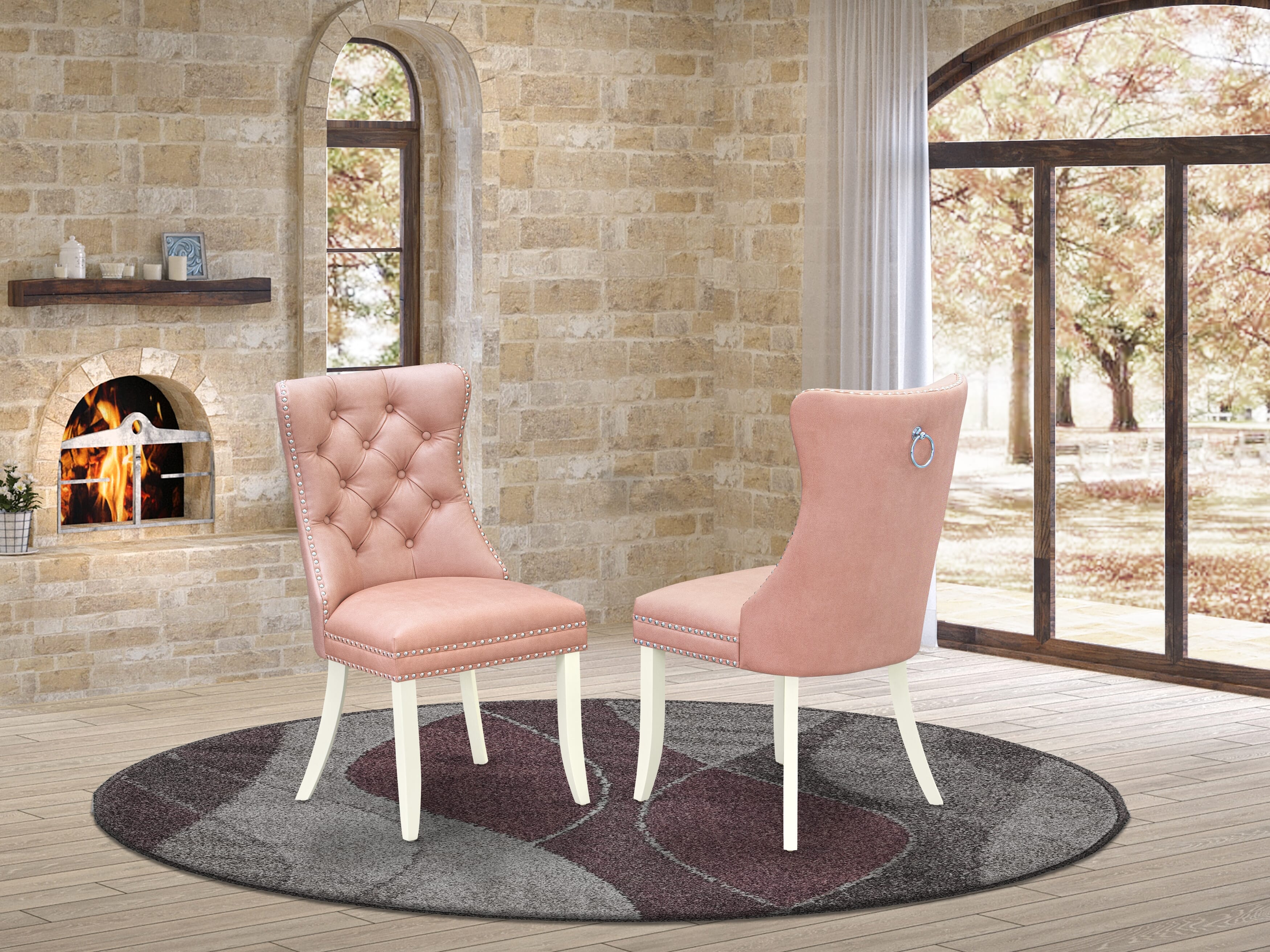 Luxe by East West Furniture 42DA3-208-23 -3 pc Dinner Table Set consists of a Round Table and 2 Beige Red Faux Leather Kitchen Chairs with Button Tufted Back - Linen White
