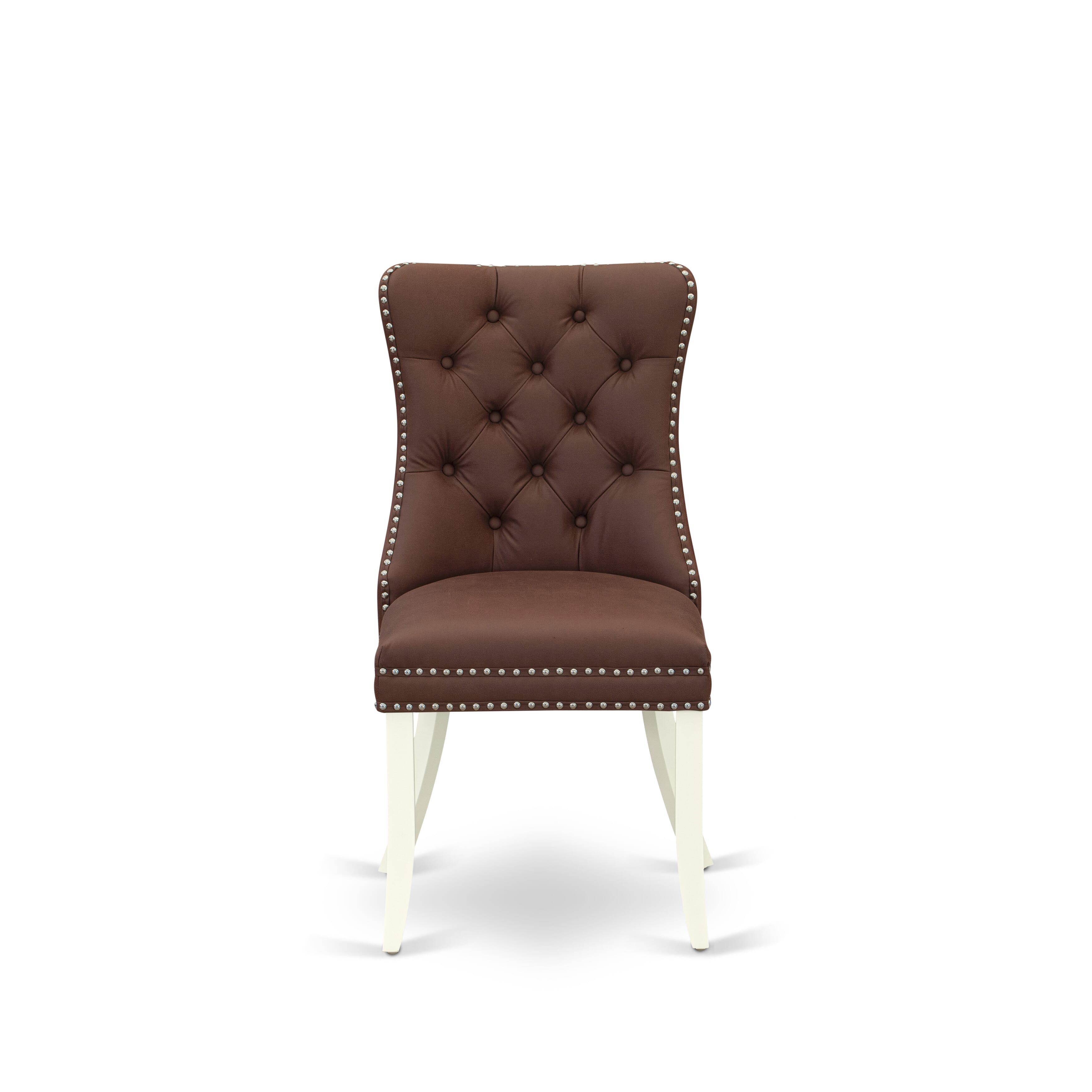 East West Furniture DAP2F26 Dallas Parson Dining Room Chairs - Button Tufted Nailhead Trim Burgundy faux Leather Padded Chairs, Set of 2, linen white