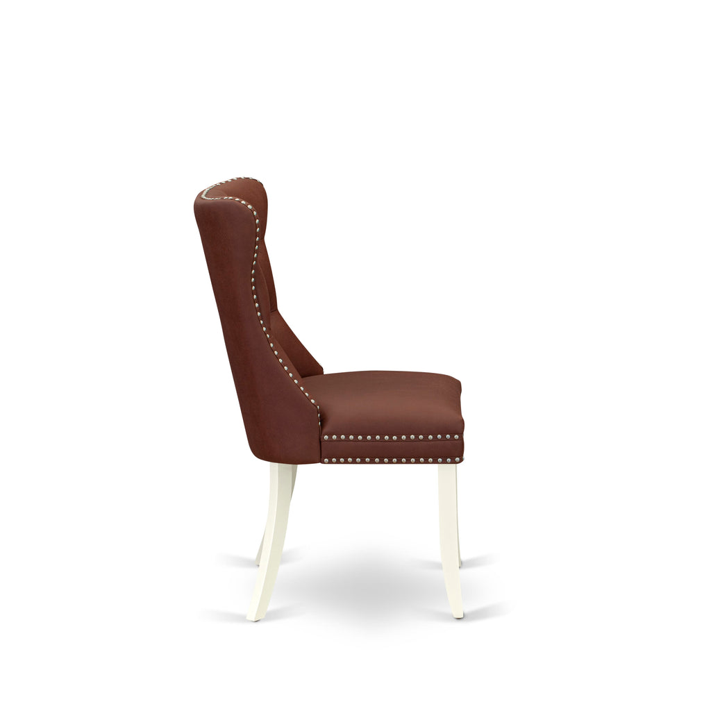 East West Furniture DAP2F26 Dallas Parson Dining Room Chairs - Button Tufted Nailhead Trim Burgundy faux Leather Padded Chairs, Set of 2, linen white