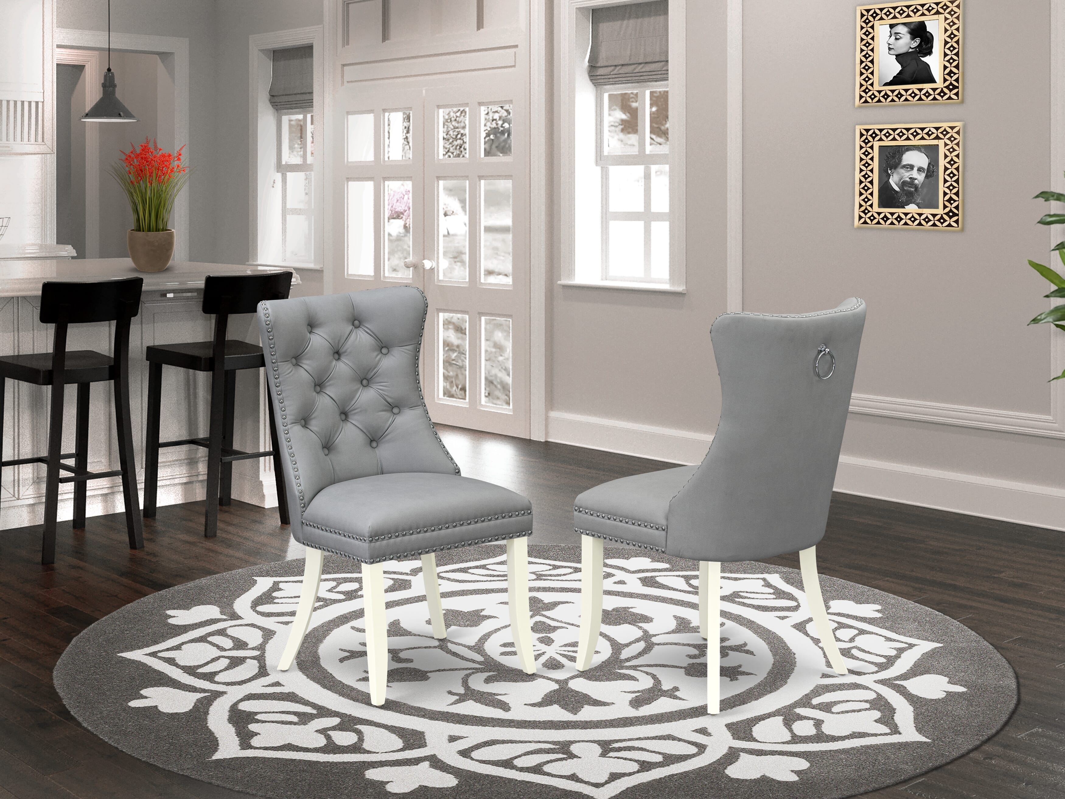 Luxe by East West Furniture 42DA3-208-27 -3 pc Dining Room Table Set Includes a Round Table and 2 Light Gray Faux Leather Mid Century Modern Chair with Button Tufted Back - Linen White