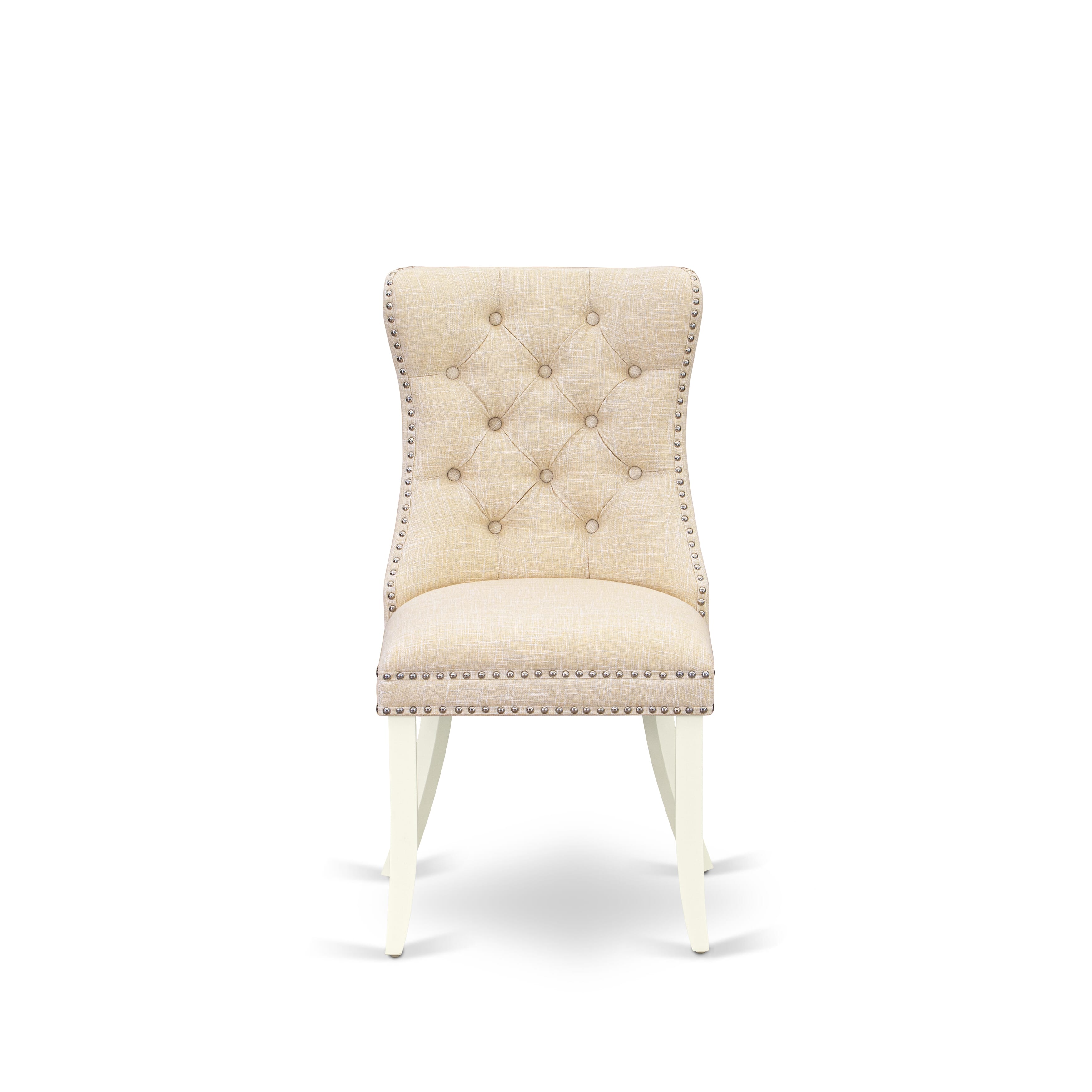 Luxe by East West Furniture 42DA3-208-32 -3 pc Kitchen Table Set contains a Round Table and 2 Light Beige Faux Leather Modern Chair with Button Tufted Back - Linen White