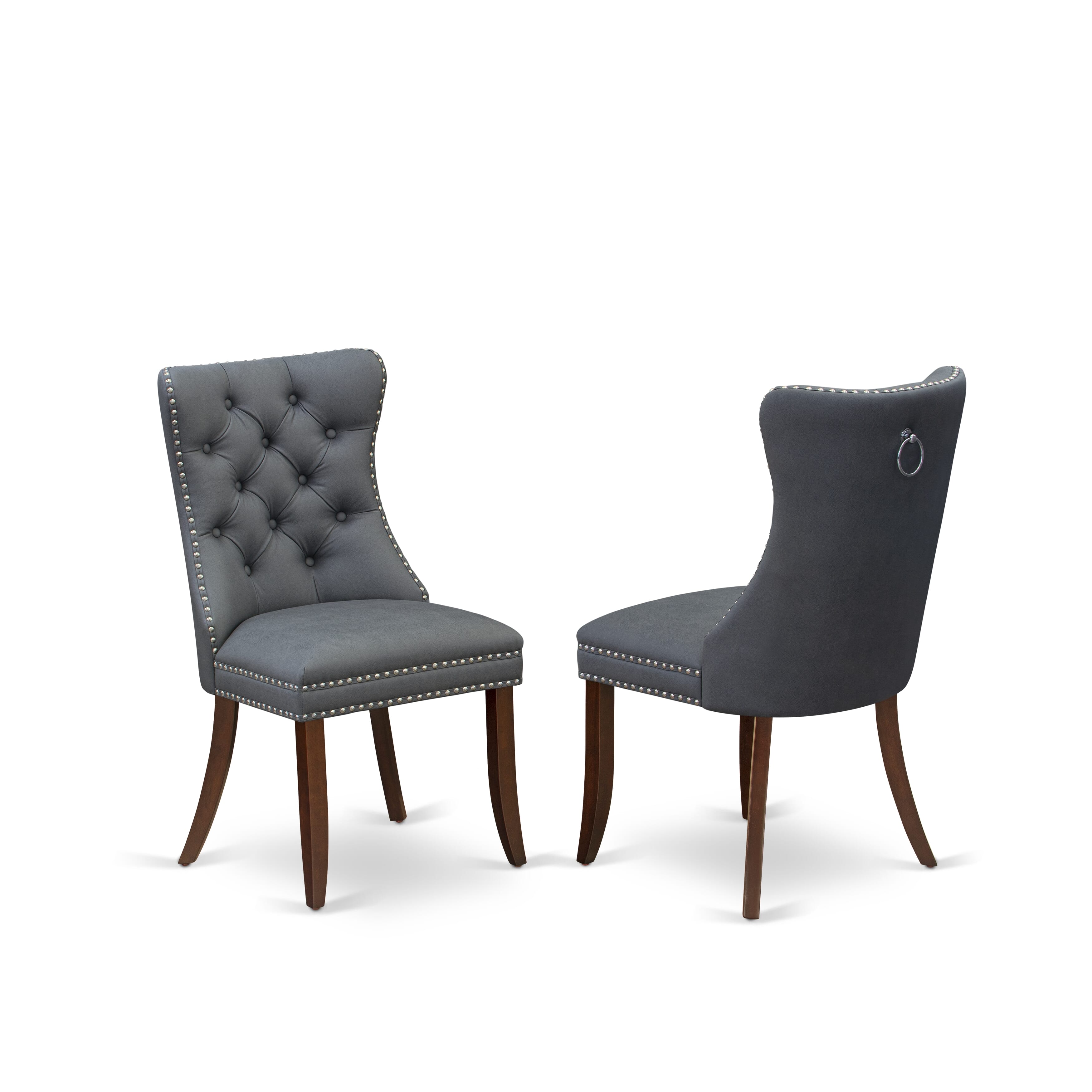 Luxe by East West Furniture 42DA3-307-13 3-piece mid-century dining set Consists a pedestal dining table and 2 Button Tufted Parsons chairs with Platinum Gray linen fabric, Mahogany finish.