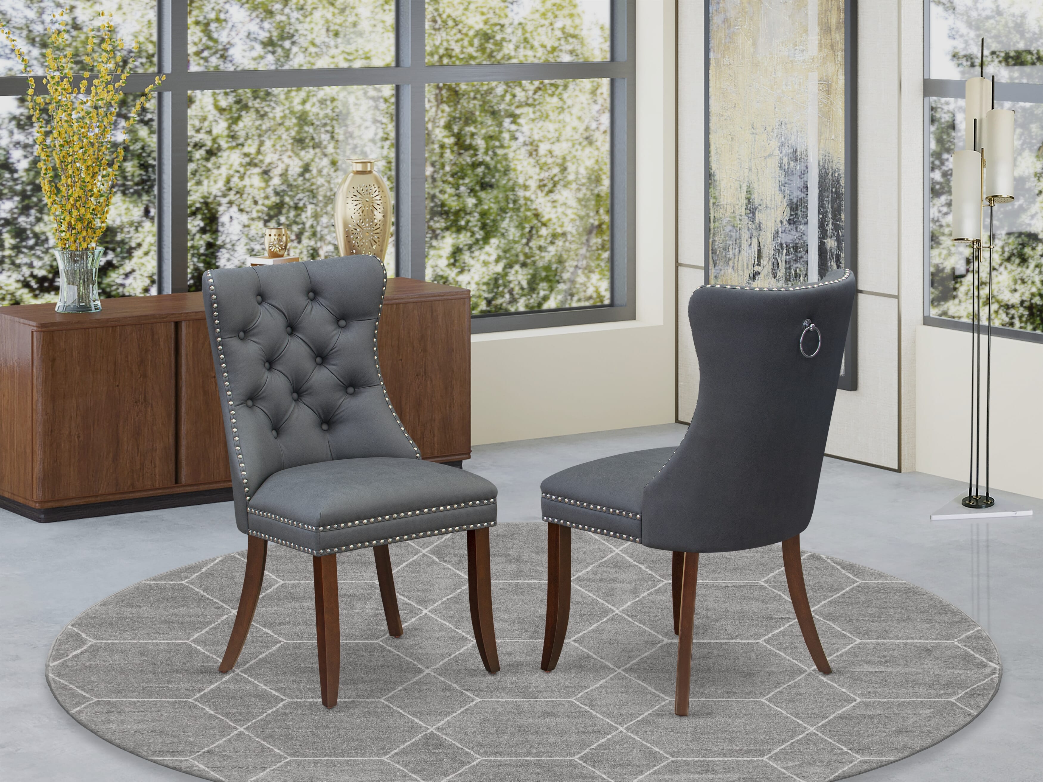 Luxe by East West Furniture 42DA5-307-13 5-piece dining room set includes a round pedestal kitchen table and 4 Button Tufted kitchen chairs with Platinum Gray linen fabric, Mahogany finish.