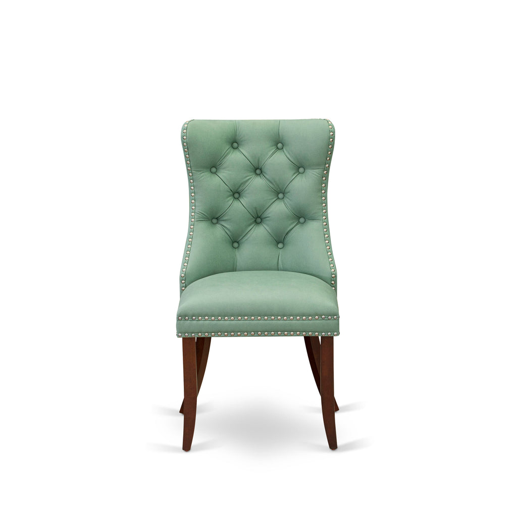 East West Furniture DAP3F22 Dallas Parsons Dining Chairs - Button Tufted Nailhead Trim Willow Green faux Leather Upholstered Chairs, Set of 2, Mahogany