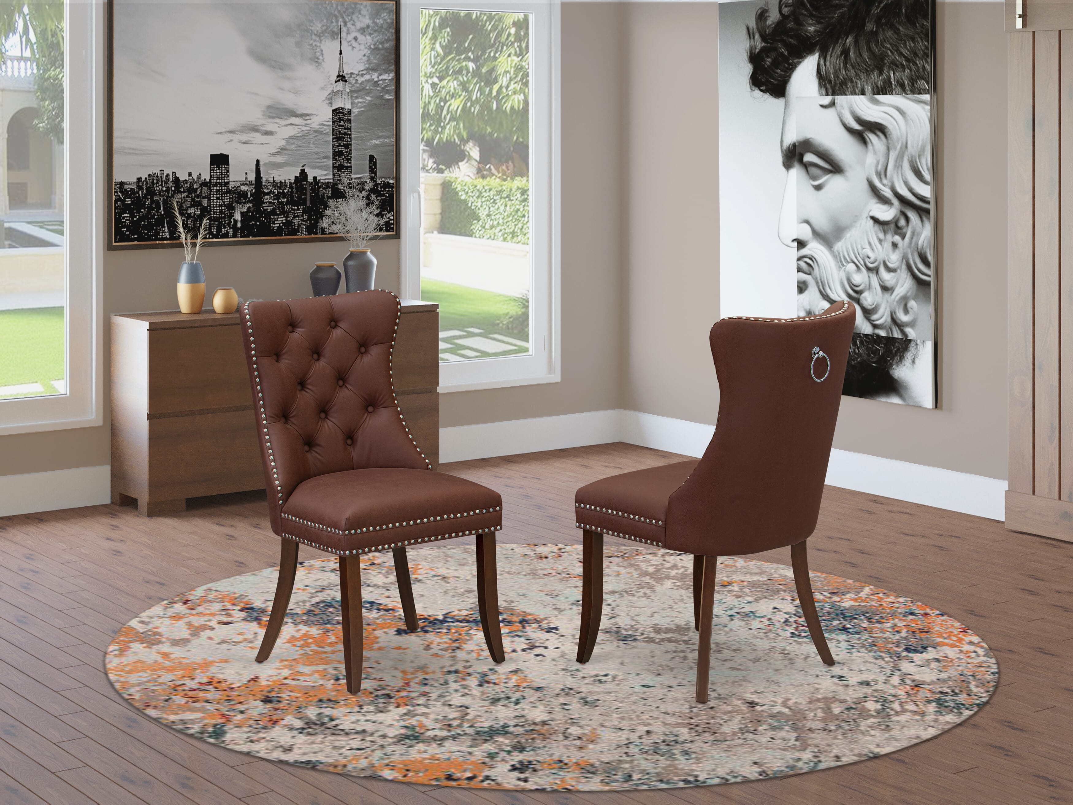 Luxe by East West Furniture 48DA5-312-26 5-Pc Mid Century Modern Set Include a Table with Rippled Sand Marble Pattern Tabletop and 4 Burgundy Faux Leather Chairs, Mahogany