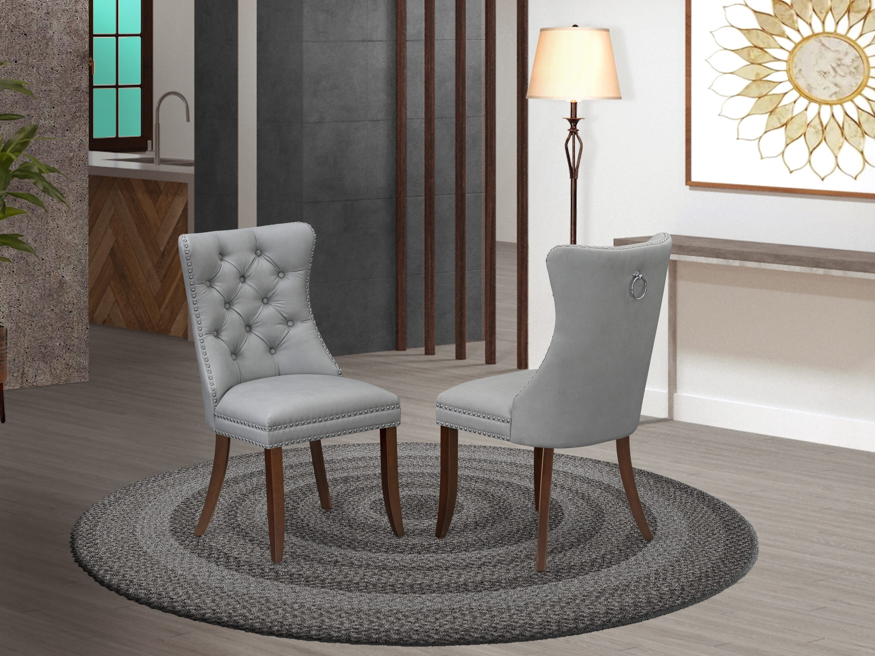 Luxe by East West Furniture 48DA3-312-27 3-Pc Dining Room Table Set Include a Dining Table with Rippled Sand Marble Pattern Tabletop and 2 Light Gray Faux Leather Chairs, Mahogany