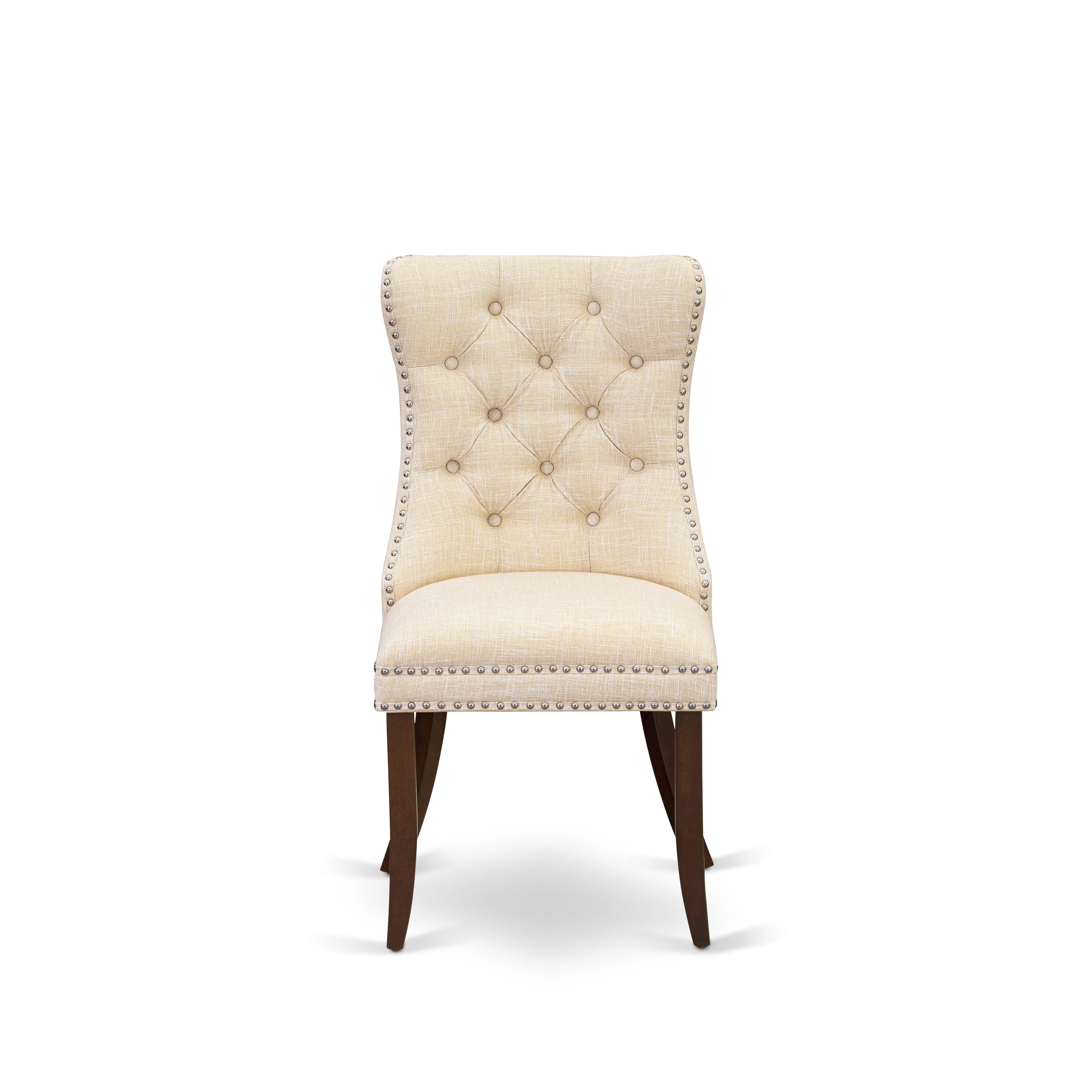 Luxe by East West Furniture 42DA5-307-32 5-Piece Dining Set includes a pedestal kitchen table and 4 Button Tufted Parsons chairs with Light Beige linen fabric, Mahogany finish.