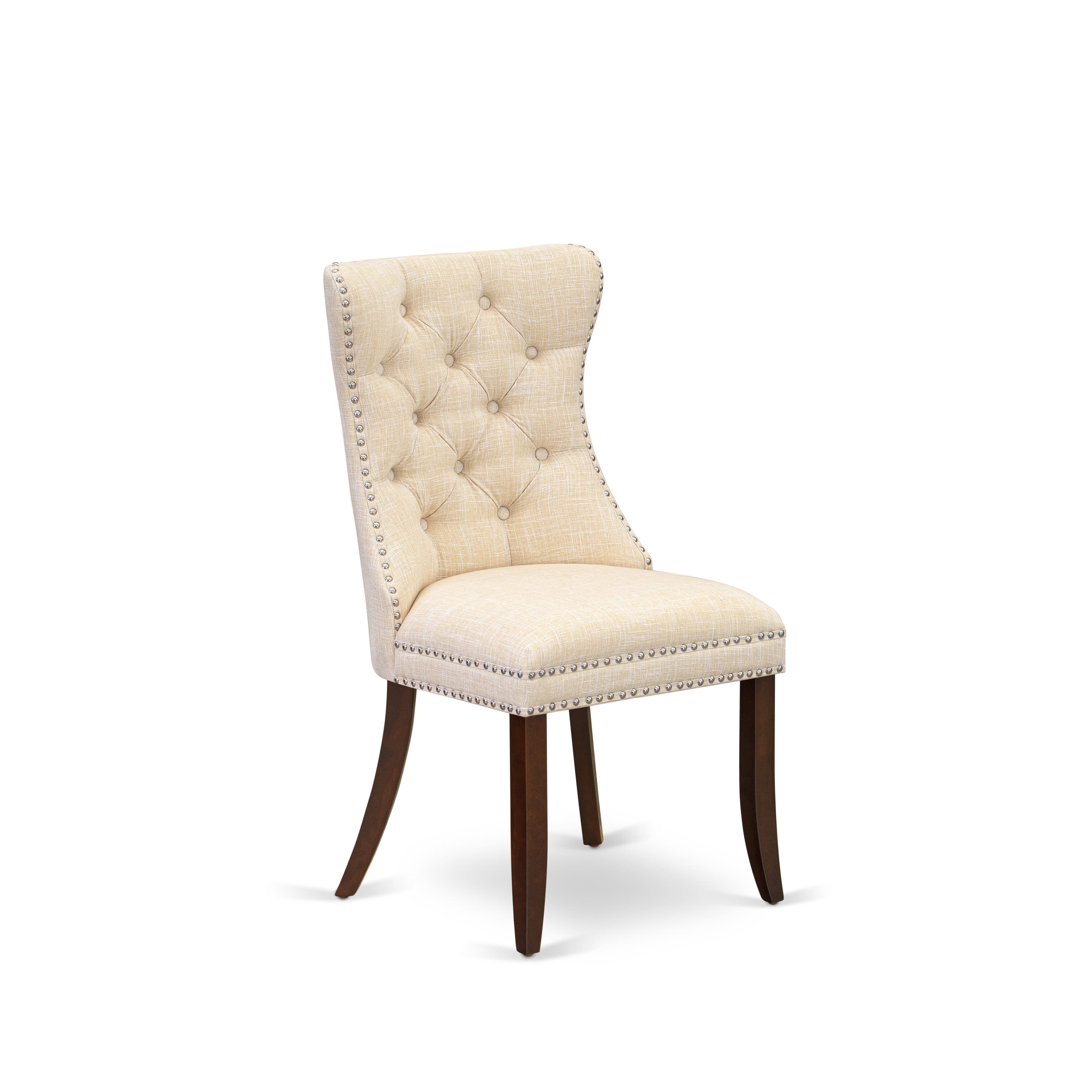 Luxe by East West Furniture 42DA3-307-32 3-piece kitchen dining set Consists a pedestal dining table and 2 Button Tufted Parsons chairs with Light Beige linen fabric, Mahogany finish.