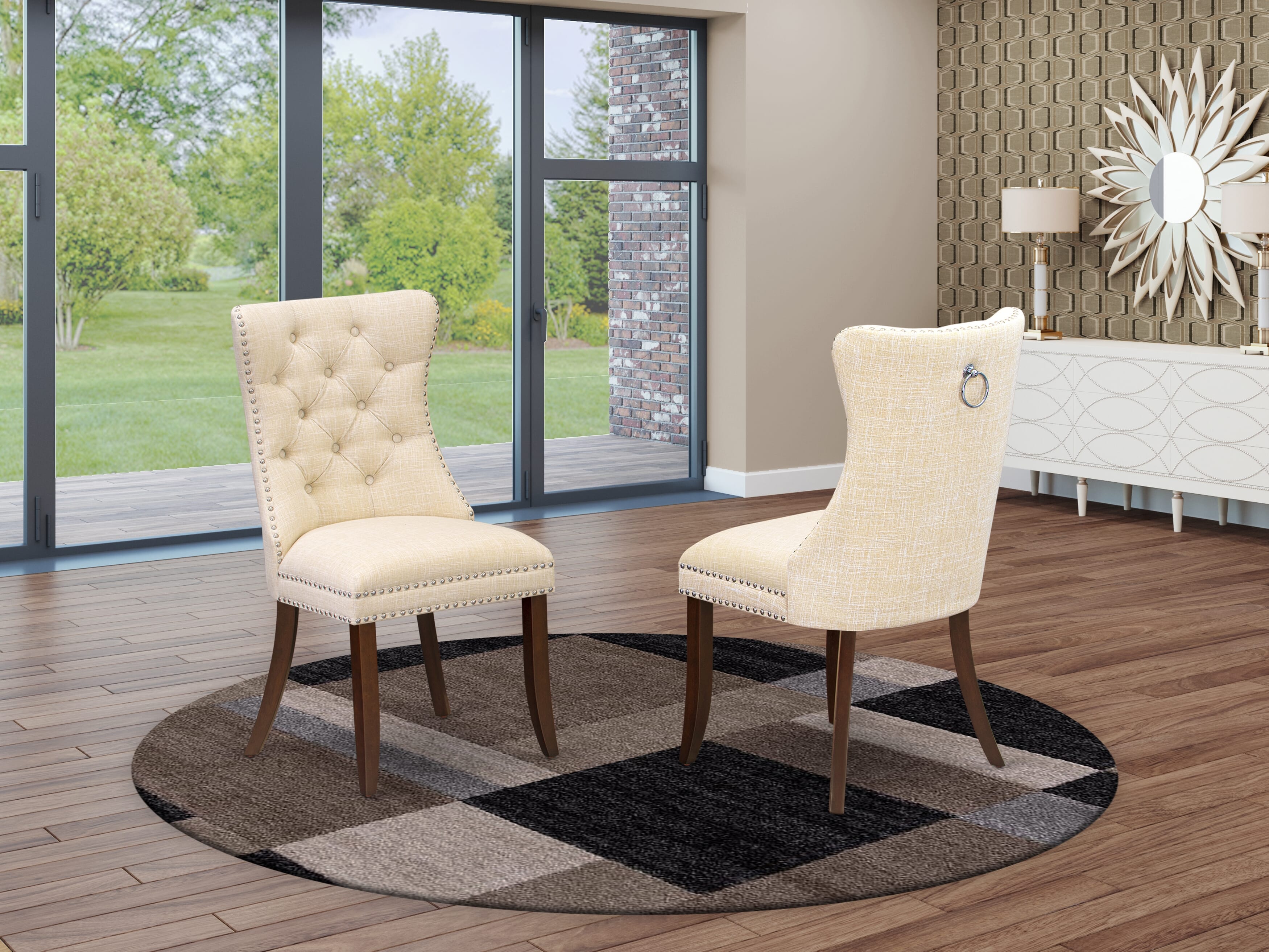 Luxe by East West Furniture 48DA5-312-32 5-Pc Modern Dining Set Include a Dining Table with Rippled Sand Marble Pattern Tabletop and 4 Light Beige Linen Fabric Chairs, Mahogany