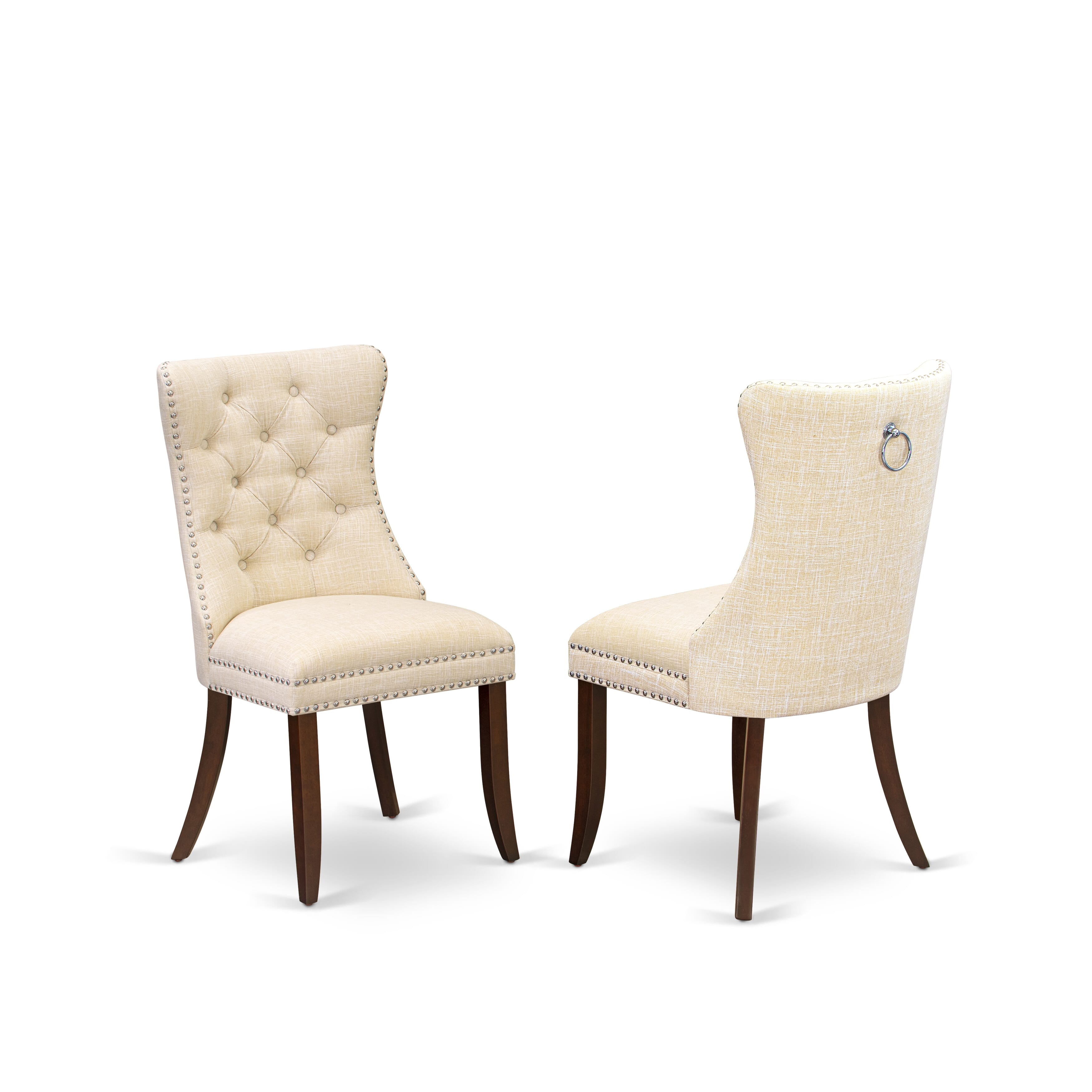 Luxe by East West Furniture 42DA5-307-32 5-Piece Dining Set includes a pedestal kitchen table and 4 Button Tufted Parsons chairs with Light Beige linen fabric, Mahogany finish.