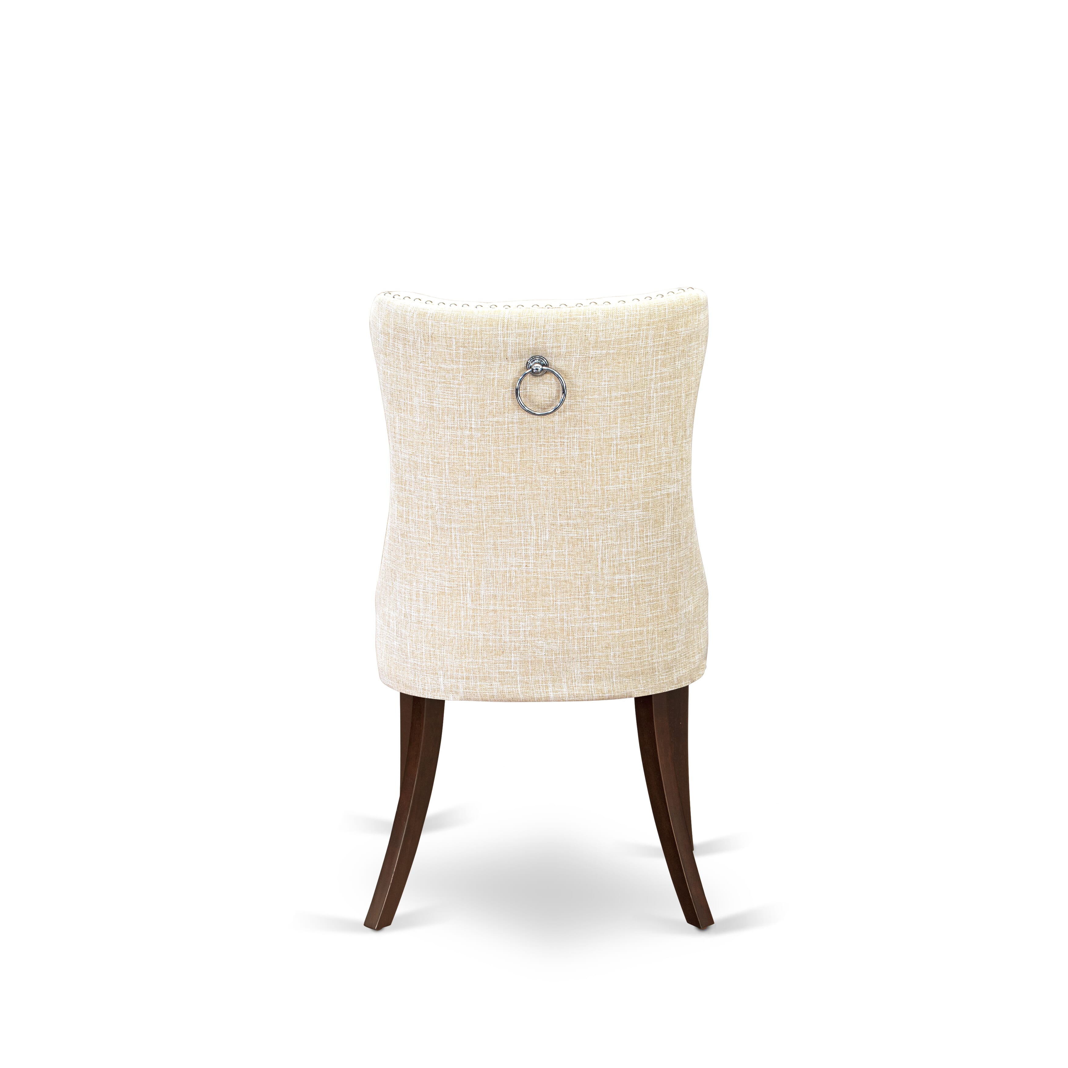 Luxe by East West Furniture 42DA3-307-32 3-piece kitchen dining set Consists a pedestal dining table and 2 Button Tufted Parsons chairs with Light Beige linen fabric, Mahogany finish.
