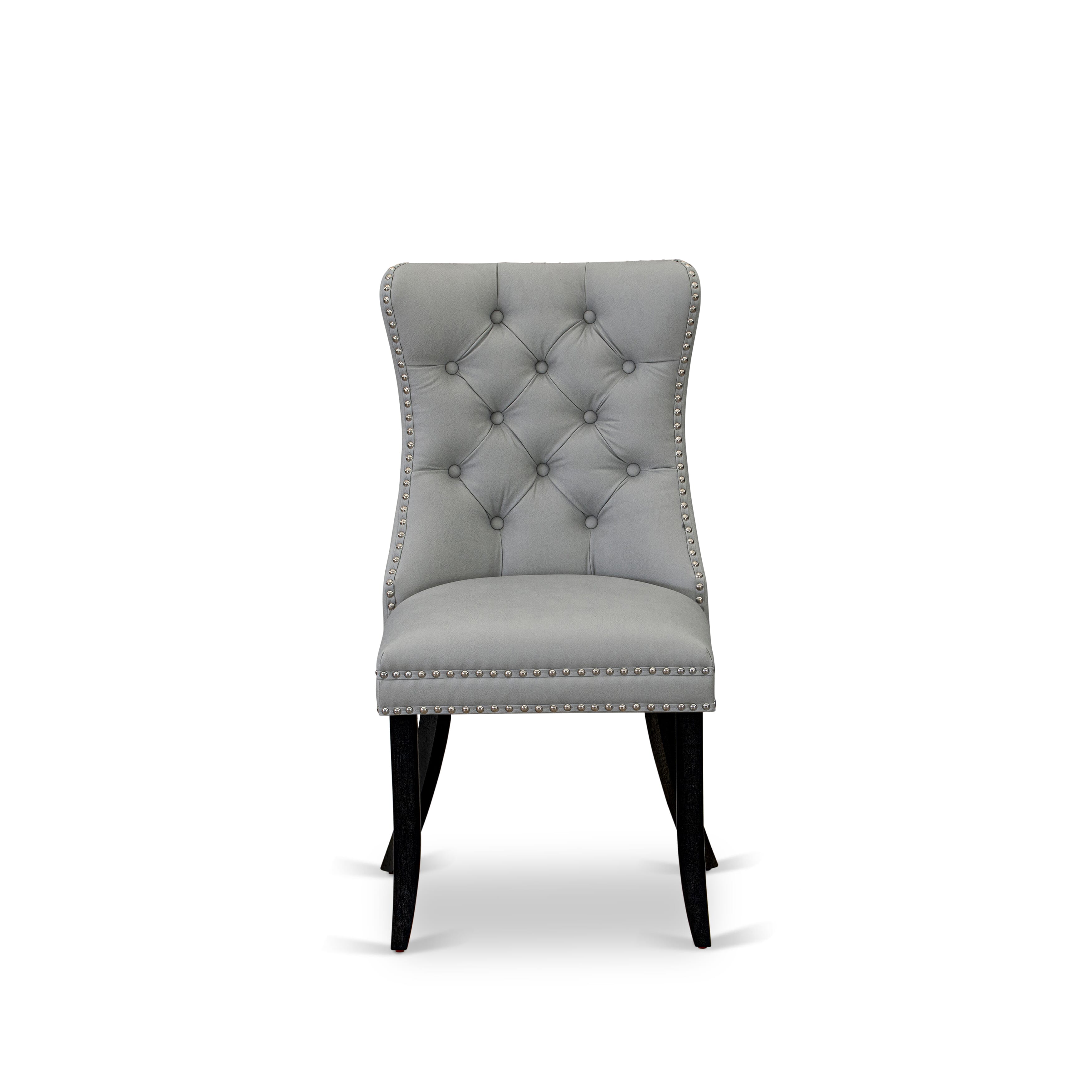 East West Furniture DAP6F27 Dallas Parson Dining Room Chairs - Button Tufted Nailhead Trim Light Gray faux Leather Padded Chairs, Set of 2, Wirebrushed Black