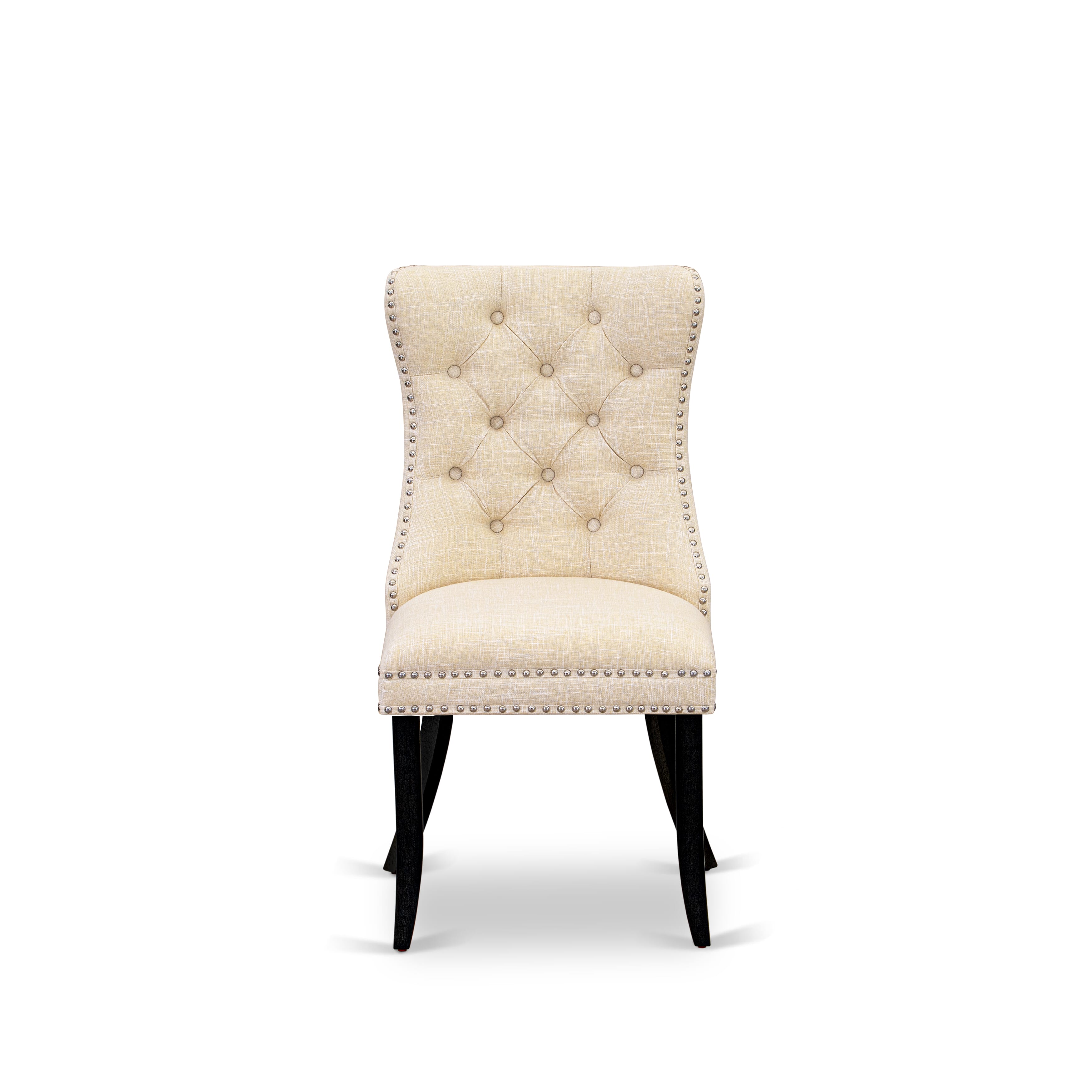 East West Furniture DAP6L32 Dallas Parson Chairs - Button Tufted Nailhead Trim Light Beige Linen Fabric Padded Dining Chairs, Set of 2, Wirebrushed Black